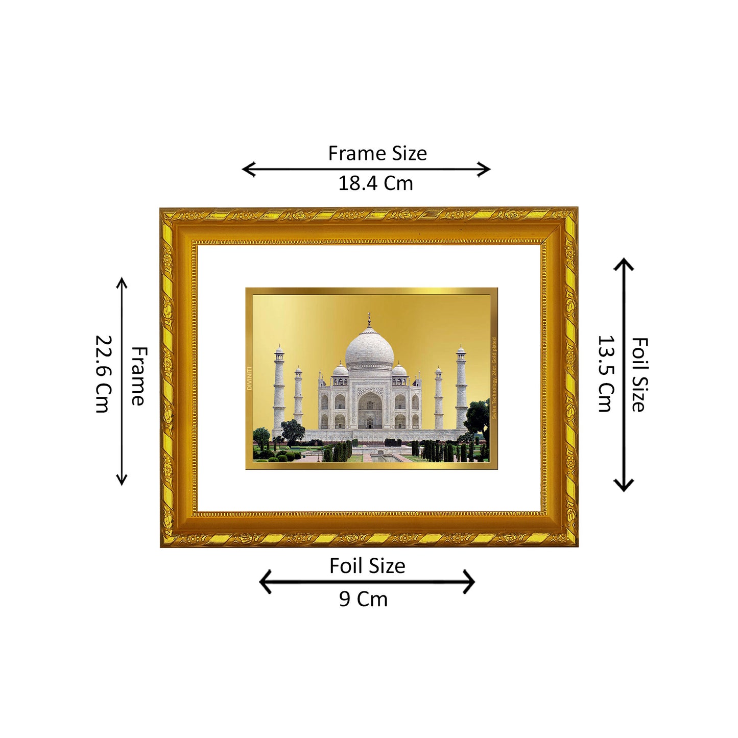 DIVINITI 24K Gold Plated Foil Taj Mahal Wooden Photo Frame for Home & Office Decor, Wall Hanging, Workshop, Table Top, Gift | DG103 Size 2 (22.6x18.4 CM)