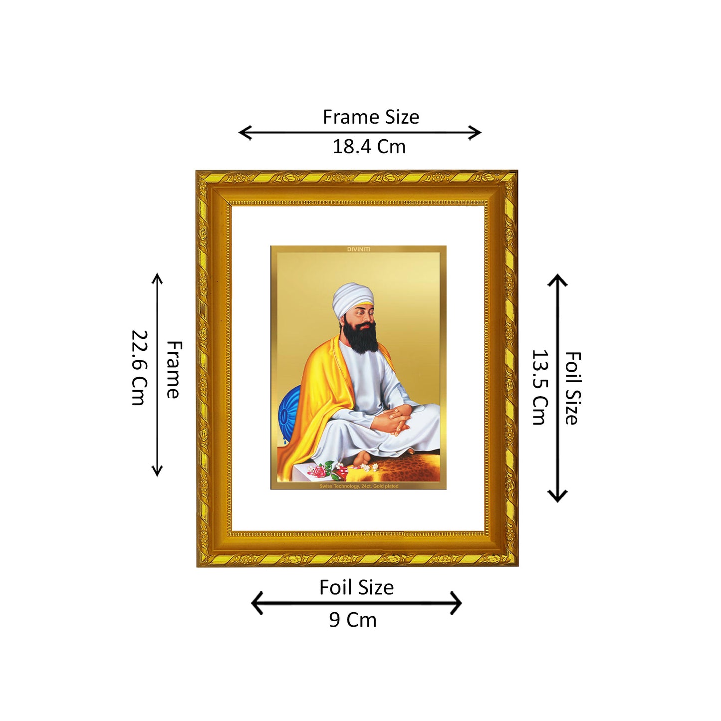 DIVINITI 24K Gold Plated Foil Guru Tegh Bahadur Ji Wooden Photo Frame for Home Wall Decor, Workshop, Table Top, Premium Gift | DG103 Size 2 (22.6x18.4 CM)