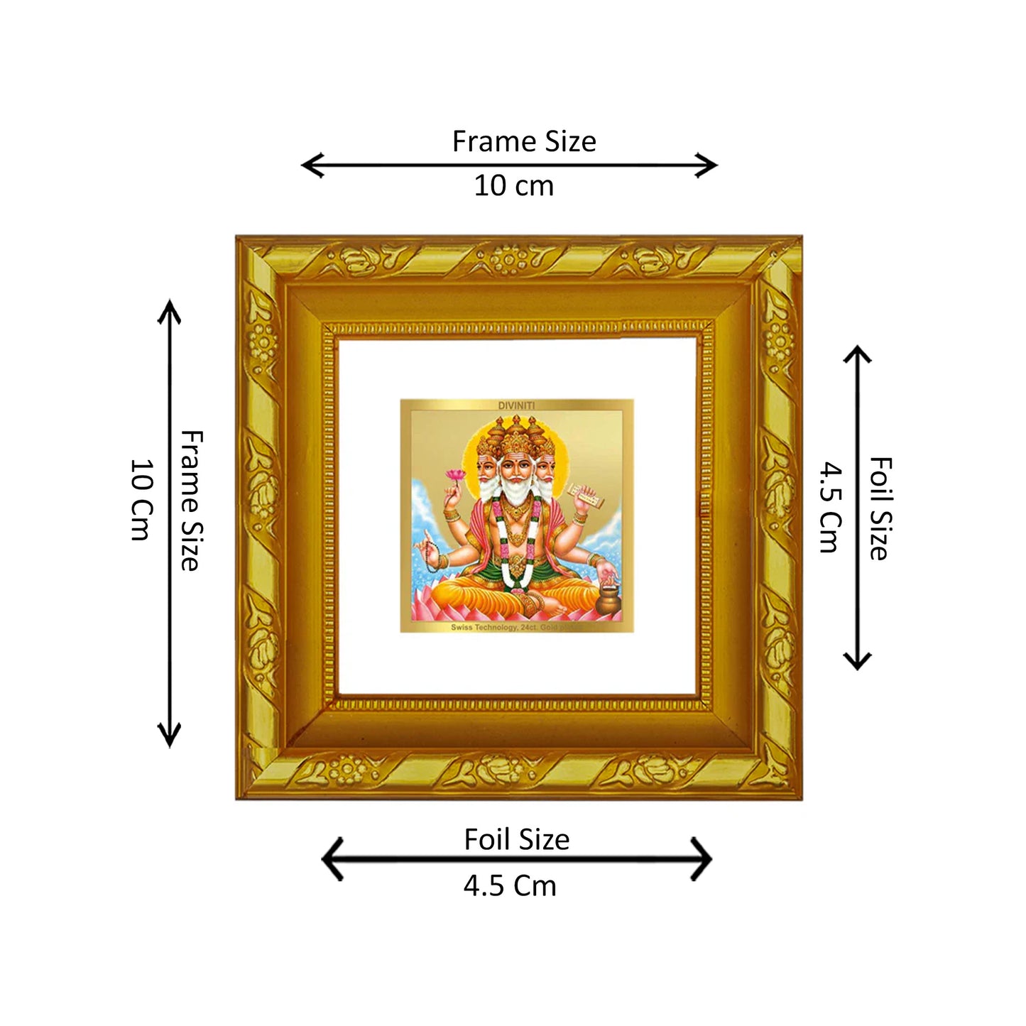 DIVINITI 24K Gold Plated Foil Lord Brahma Ji Wooden Luxurious Photo Frame for Puja Room, Home Decor, TableTop, Gift Item | DG103S1A (10x10 CM)