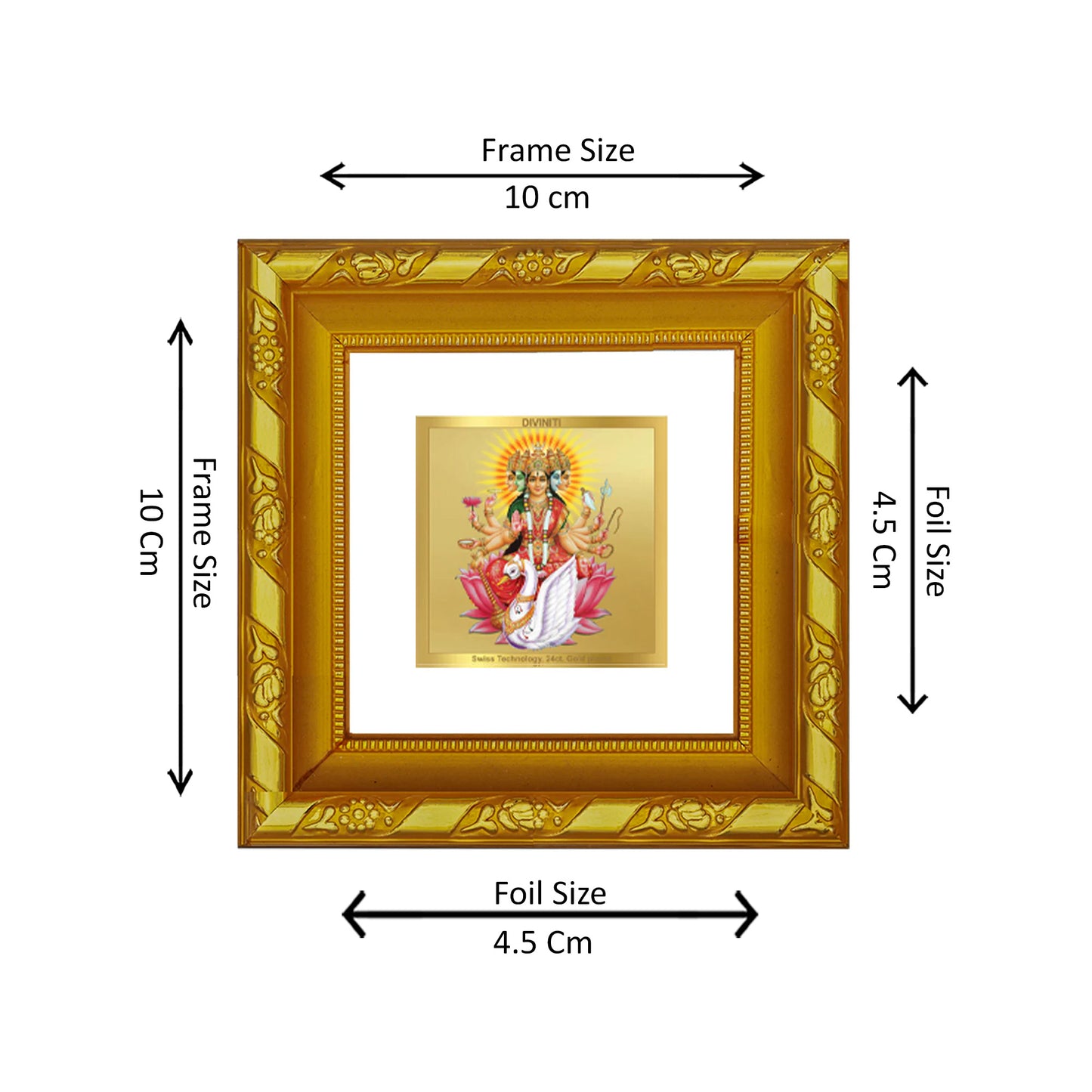 DIVINITI 24K Gold Plated Foil Gayatri Mata Photo Frame for Wall Hanging, Workshop, Home Decor, Puja Room, Luxurious Gifts|DG103S1A (10x10 CM)