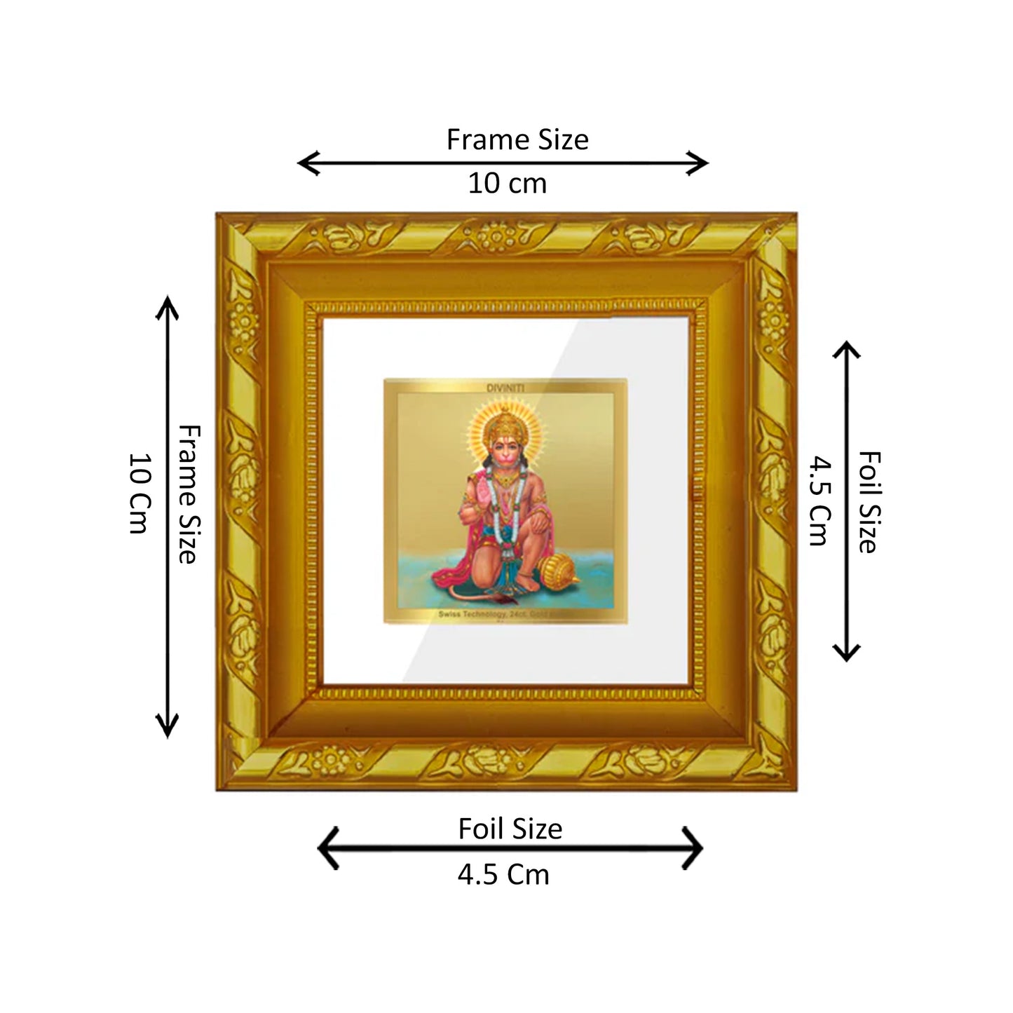 DIVINITI 24K Gold Plated Foil Lord Hanuman Wall Photo Frame for Table Top, Home Decor, Puja Room, Workshop, Gifts|DG103S1A (10x10 CM)