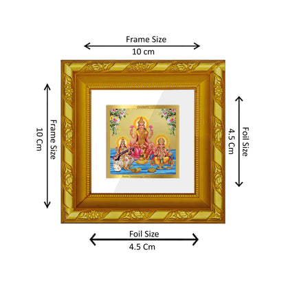 DIVINITI 24K Gold Plated Foil Laxmi Ganesha Saraswati Wall Photo Frame Idol for Home Decor, Puja Room, Table Top, Workshop, Gifts | DG103S1A (10x10 CM)