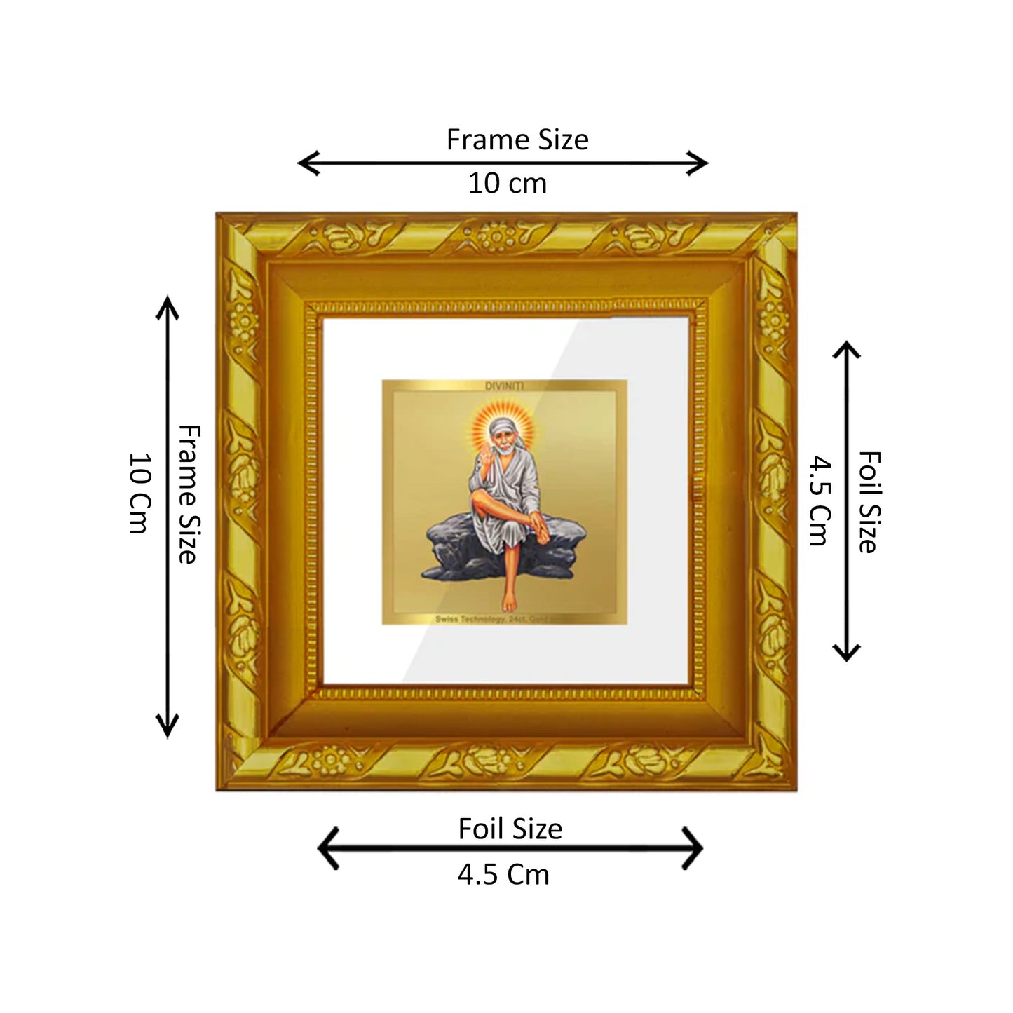 DIVINITI 24K Gold Plated Sai Baba Traditional Photo Frame Idol for Wall Hanging, Table Top, Puja Room, Home Decor, Gifts | DG103S1A (10x10 CM)