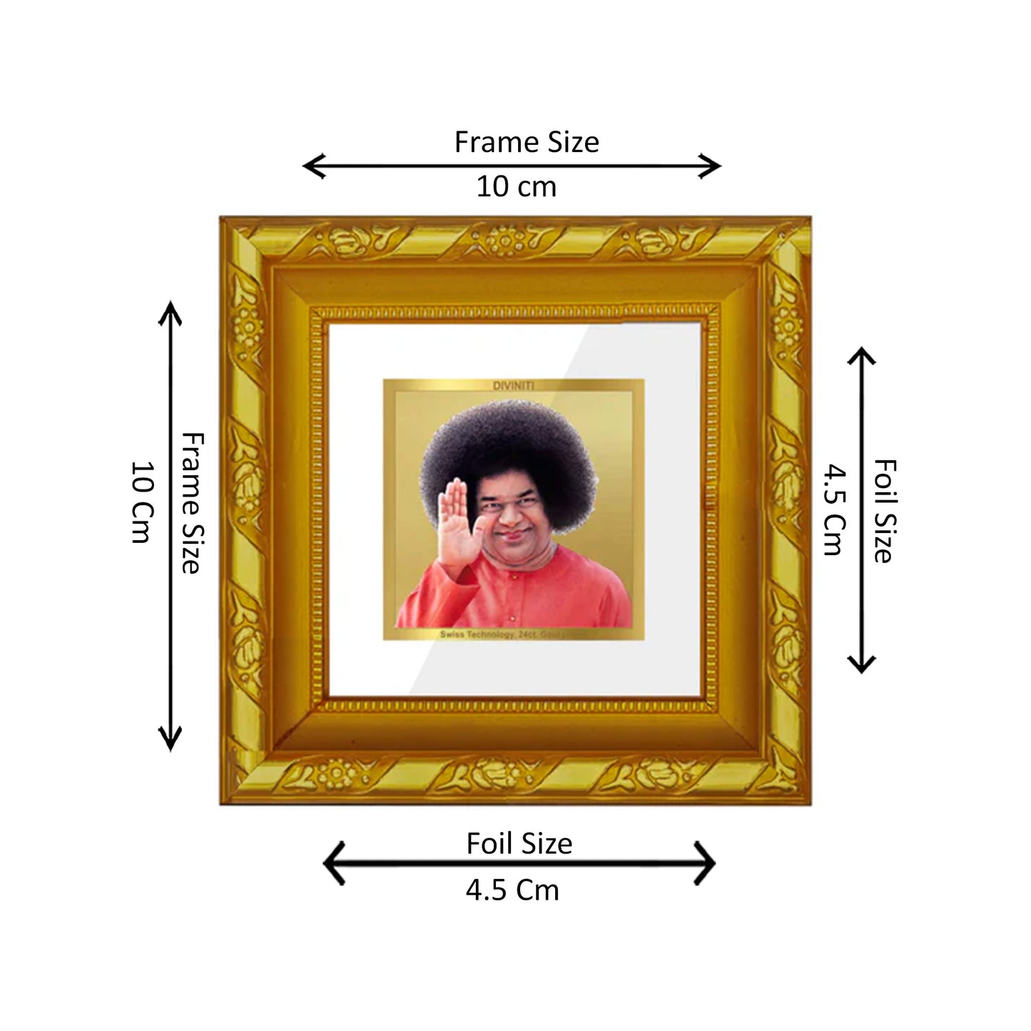 DIVINITI 24K Gold Plated Sathya Sai Baba Stylish Photo Frame Idol for Wall Hanginig, Workshop, Home Decor, Puja Room, Gifts | DG103S1A (10x10 CM)