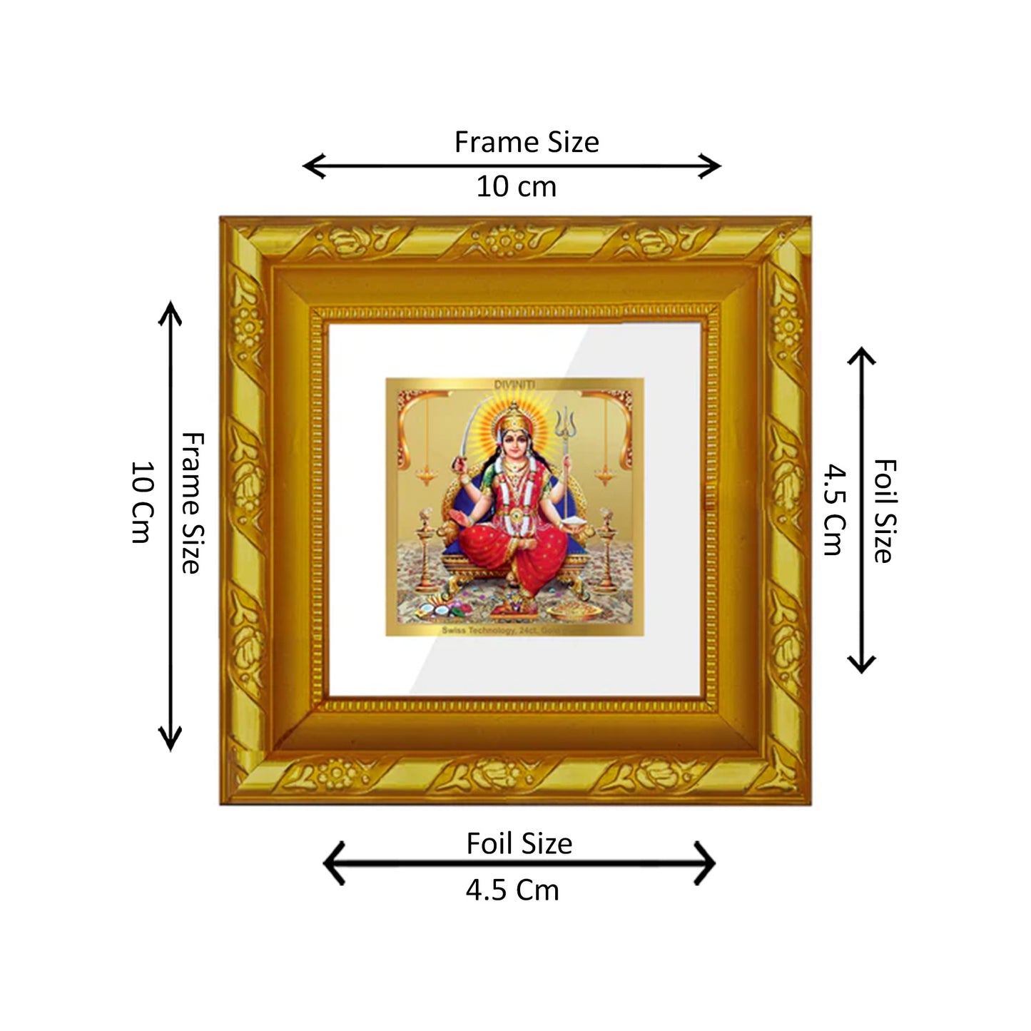 DIVINITI 24K Gold Plated Santoshi Mata Photo Frame Idol for Puja Room, Wall Hanging, Table Top, Home Decor, Workshop, Gifts | DG103S1A (10x10 CM)