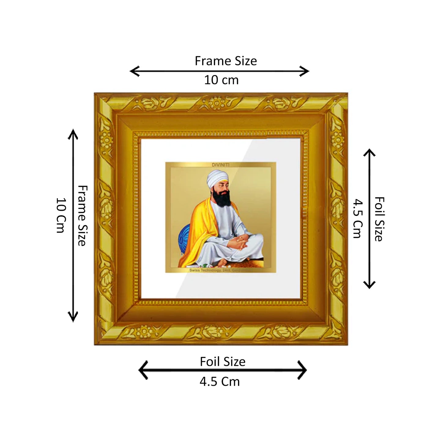 DIVINITI 24K Gold Plated Foil Guru Tegh Bahadur Ji Wooden Photo Frame for Home Decor, Wall Hanging, Puja Room, Workshop, Gifts | DG103S1A (10x10 CM)