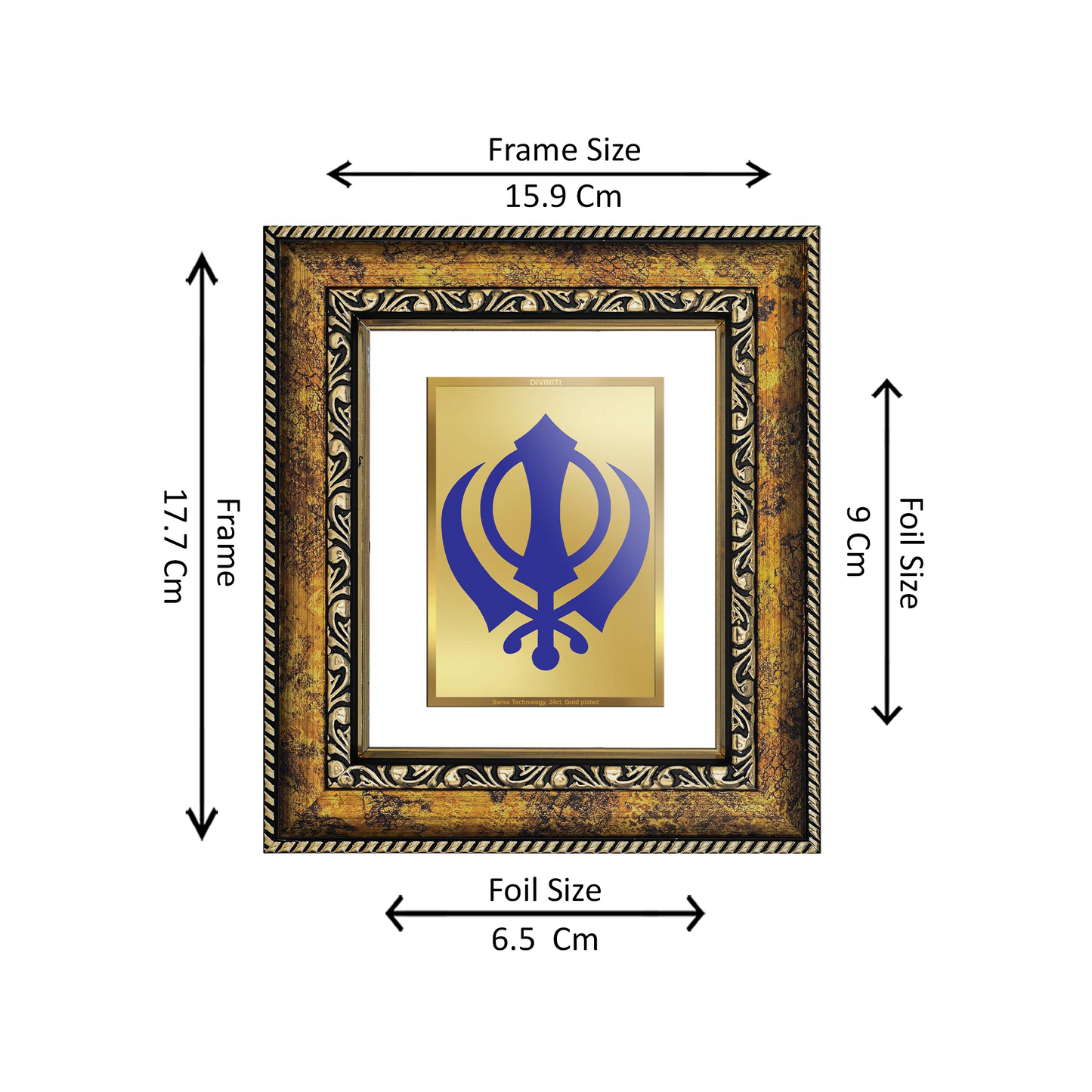 DIVINITI 24K Gold Plated Foil Khanda Sahib Wall Photo Frame, Table Decor for Home & Office Decor Gift Items DG 113 Size 1 (17.7x15.9 CM)