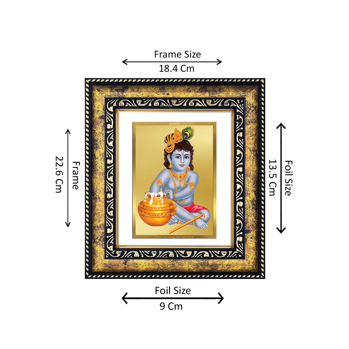 DIVINITI 24K Gold Plated Foil Bal Gopal Wooden Photo Frame Idol for Wall Hanging, Workshop, Table Top, Home Decor, Luxury Gift | DG113 Size 2 (22.6x18.4 CM)