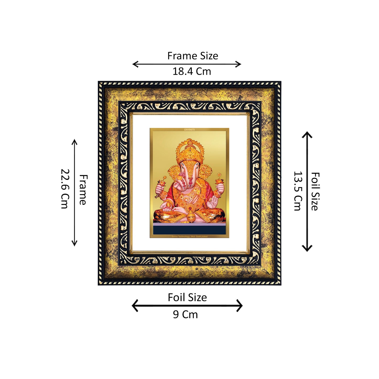 DIVINITI 24K Gold Plated Foil Dagdu Ganesha Wooden Photo Frame for Wall Hanging, Home Decor, Workshop, Table Top, Luxury Gift | DG113 Size 2 (22.6x18.4 CM)