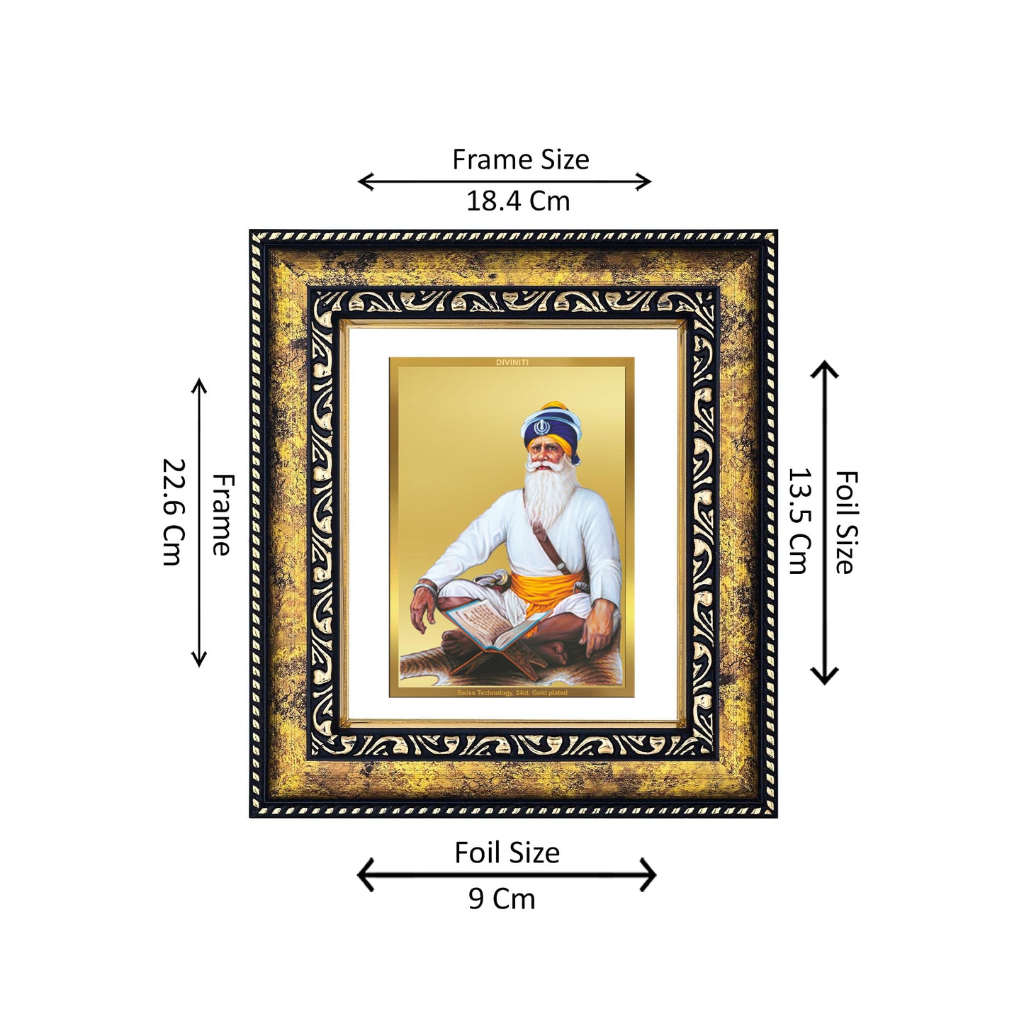 DIVINITI 24K Gold Plated Foil Baba Deep Singh Wooden Photo Frame for Home Decor, Puja Room, Table Top, Wall Hanging, Workshop, Gift | DG113 Size 2 (22.6x18.4 CM)