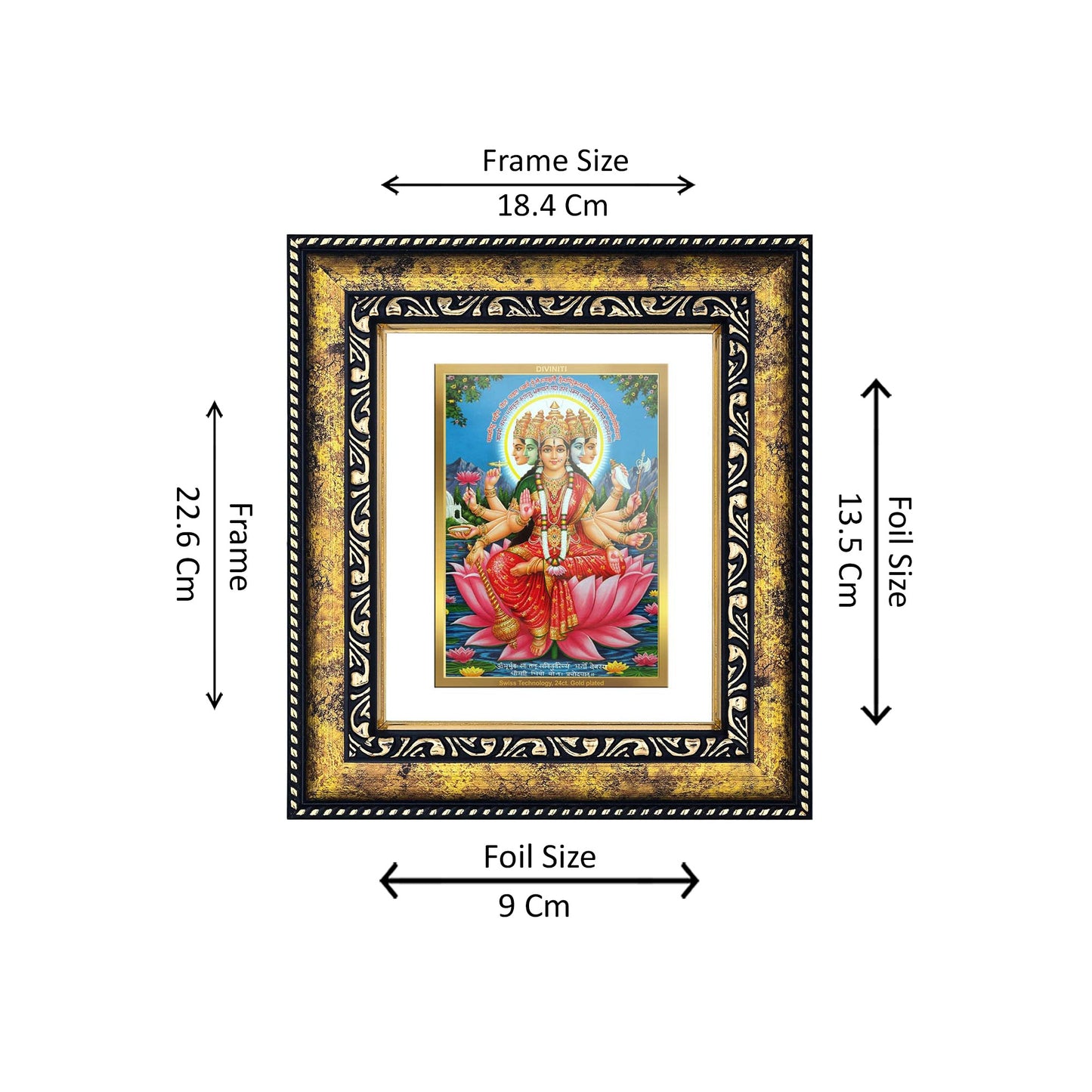 DIVINITI 24K Gold Plated Foil Gayatri Wooden Photo Frame for Puja Room, Home Wall Decor, Workshop, Table Top, Premium Gift | DG113 Size 2 (22.6x18.4 CM)