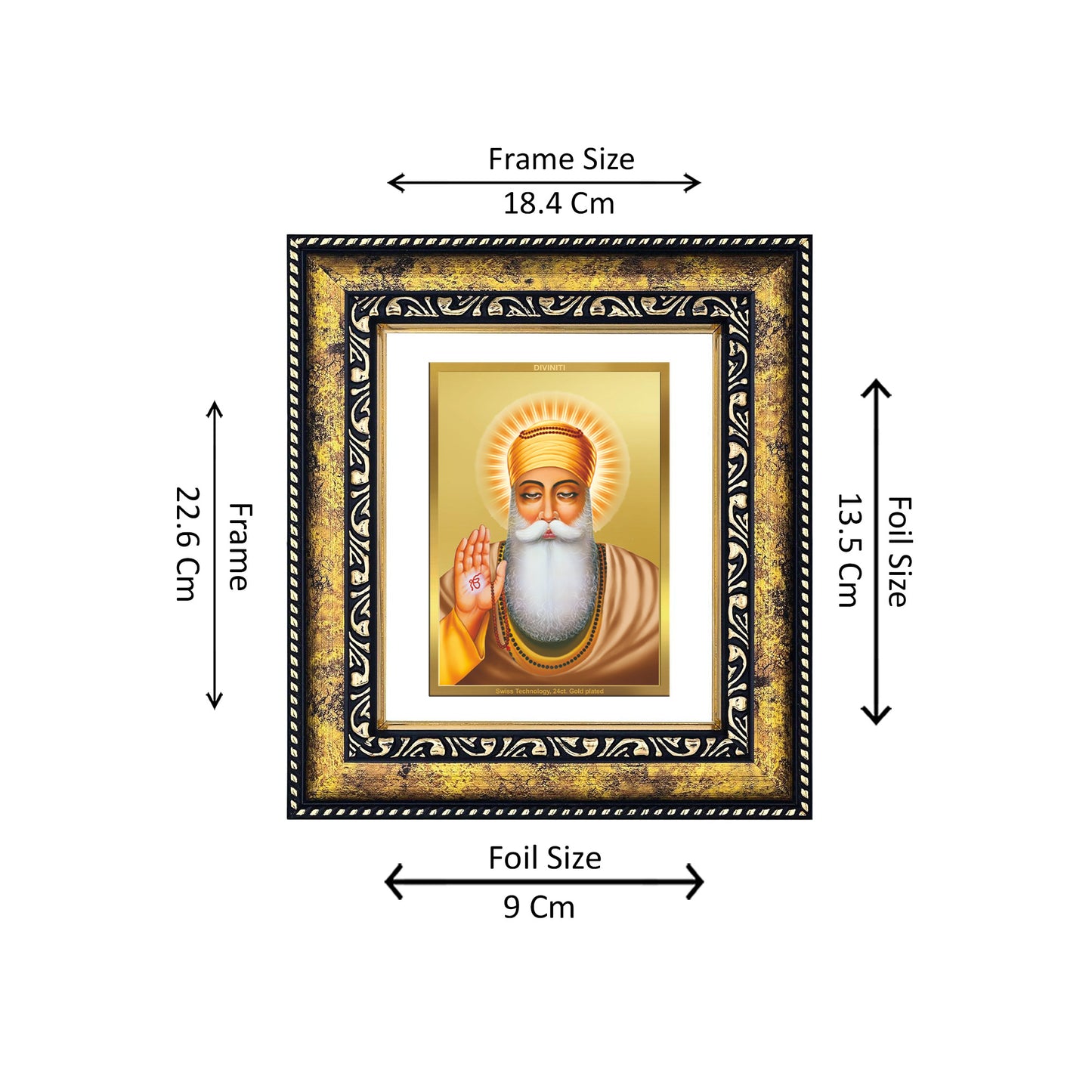 DIVINITI 24K Gold Plated Foil Guru Nanak Wooden Photo Frame for Puja Room, Home Wall Decor, Workshop, Table Top, Premium Gift | DG113 Size 2 (22.6x18.4 CM)