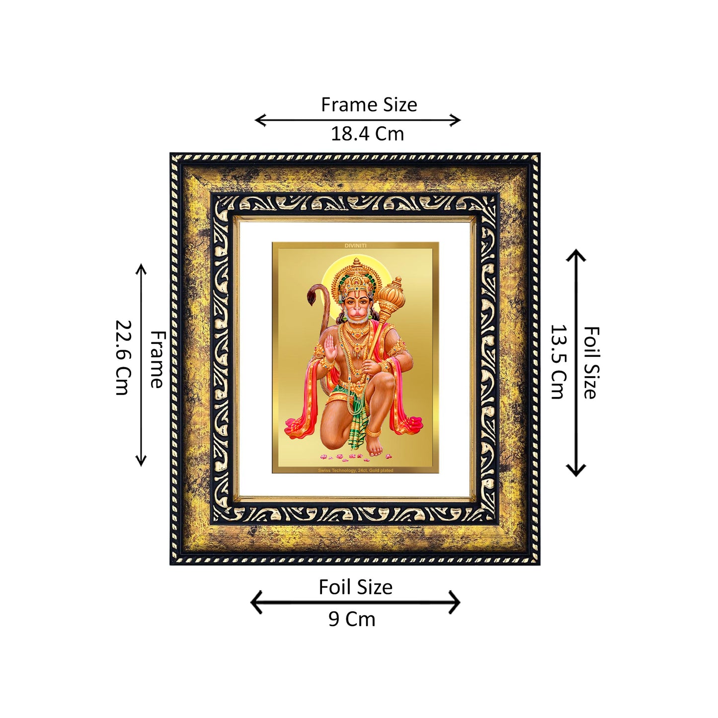 DIVINITI 24K Gold Plated Foil Lord Hanuman Wooden Photo Frame for Wall Hanging, Workshop, Table Top, Home Decor, Gift | DG113 Size 2 (22.6x18.4 CM)