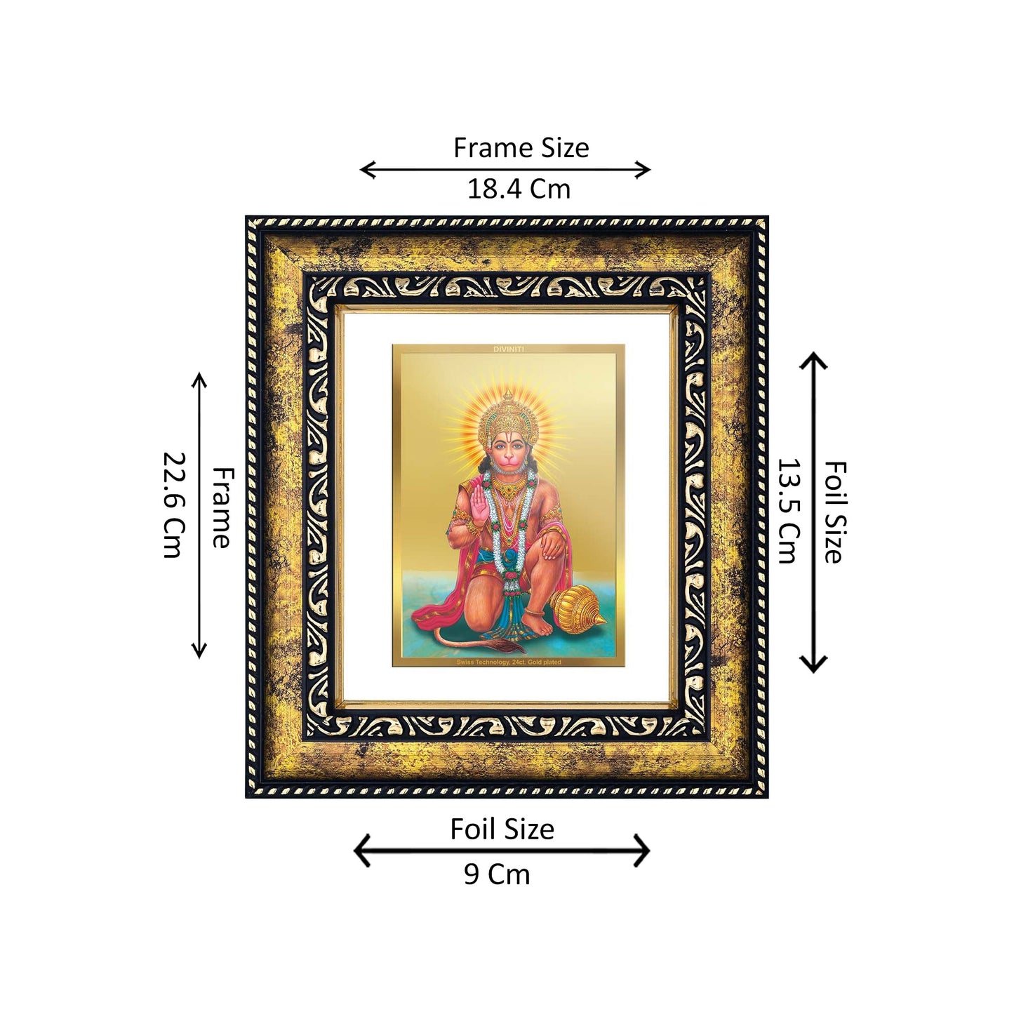 DIVINITI 24K Gold Plated Foil Hanuman Wooden Photo Frame for Home Wall Decor, Workshop, Table Top, Premium Gift | DG113 Size 2 (22.6x18.4 CM)