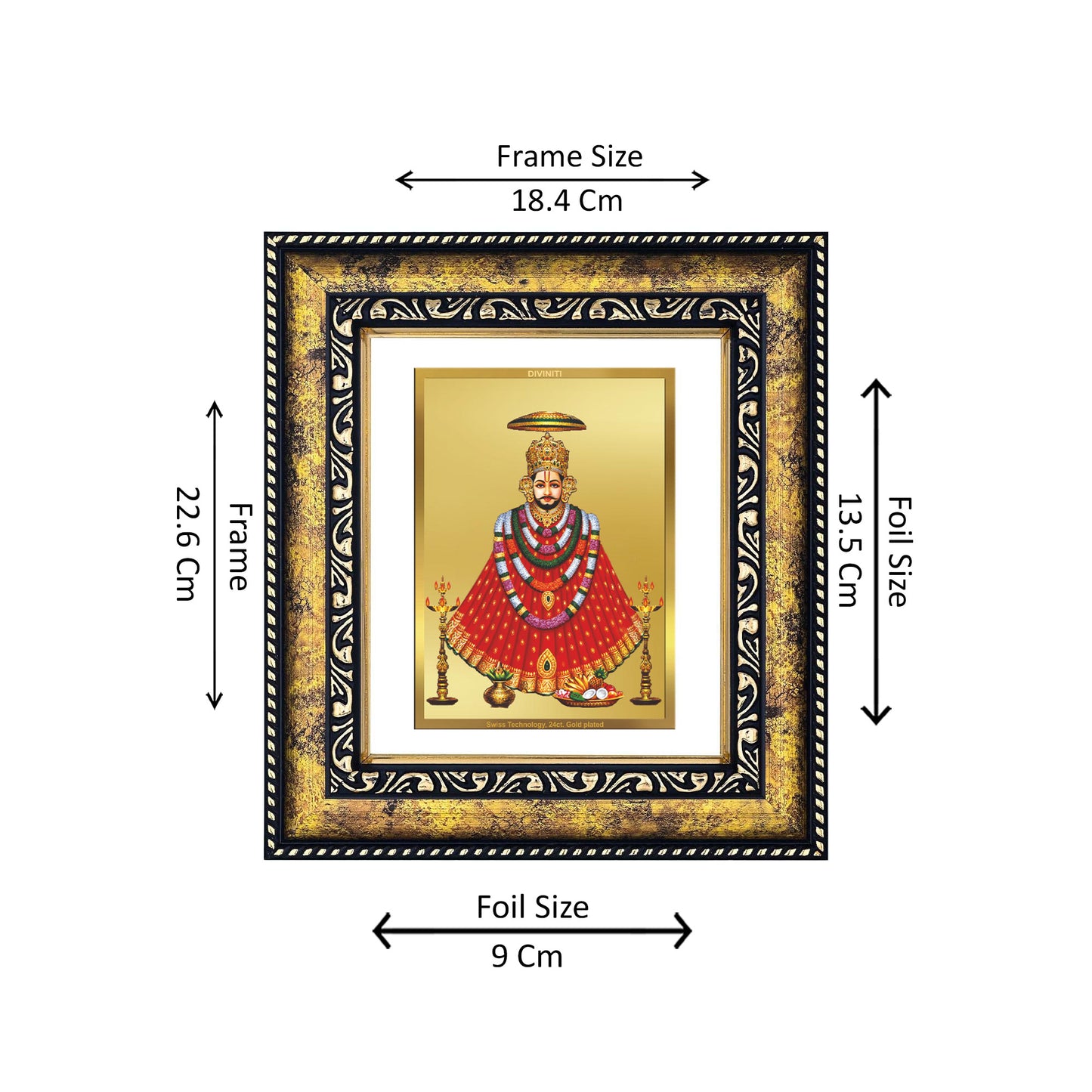 DIVINITI 24K Gold Plated Foil Khatu Shyam Wooden Photo Frame Idol for Puja Room, Home Wall Decor, Workshop, Table Top, Premium Gift | DG113 Size 2 (22.6x18.4 CM)