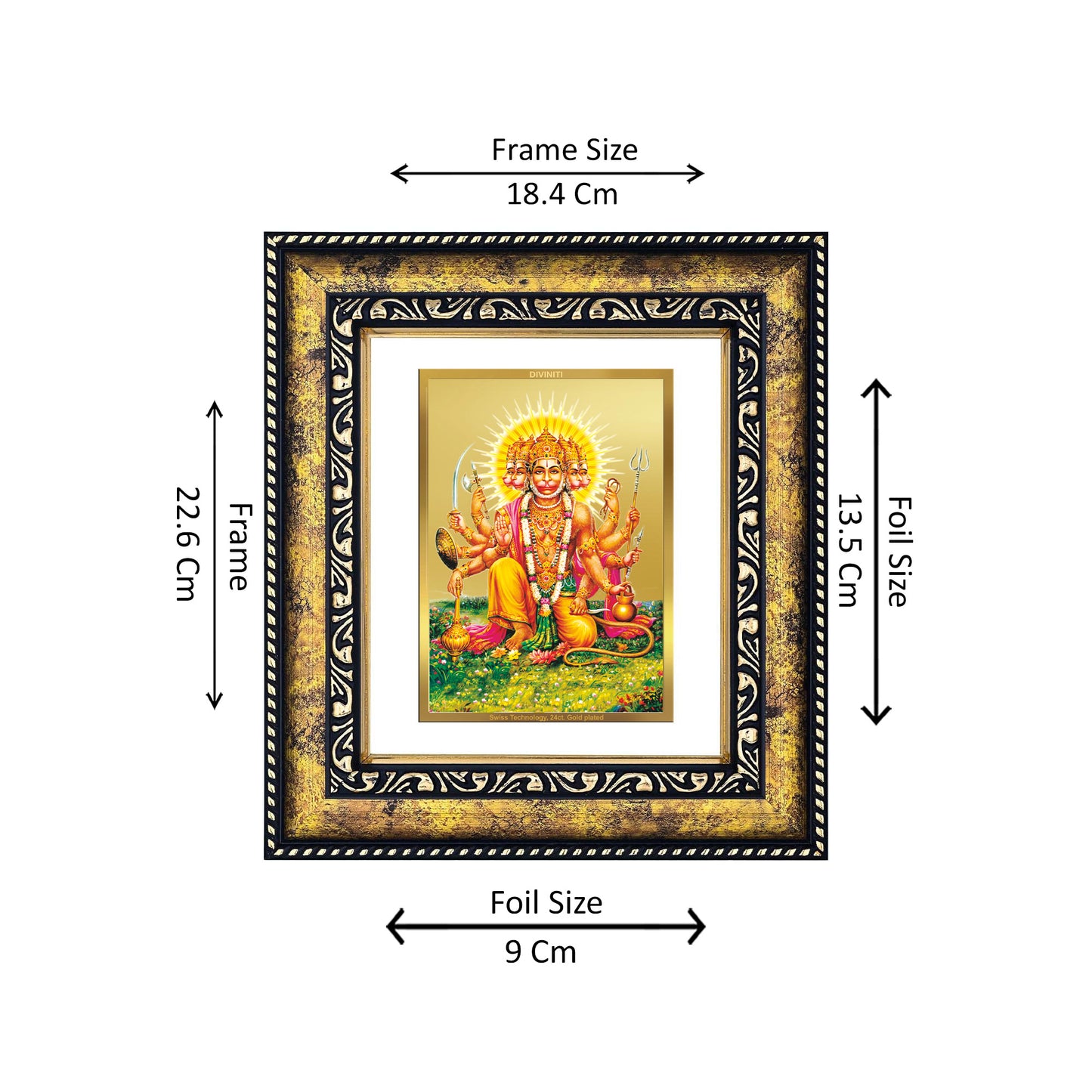 DIVINITI 24K Gold Plated Panchmukhi Hanuman Photo Frame Idol for Home Decor, Puja Room, Table Top, Wall Hanging, Workshop, Luxurious Gift|DG113 Size 2 (22.6x18.4 CM)