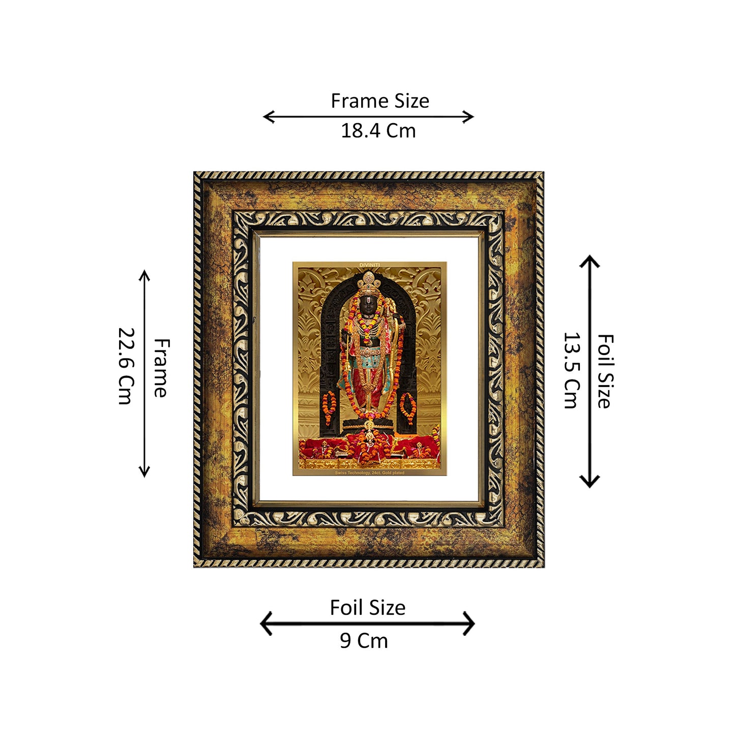 DIVINITI 24K Gold Plated Lord Ram Lalla Luxurious Photo Frame Idol for Home Decor, Table Top, Wall Hanging, Workshop, Premium Gift | DG113 Size 2 (22.6x18.4 CM)