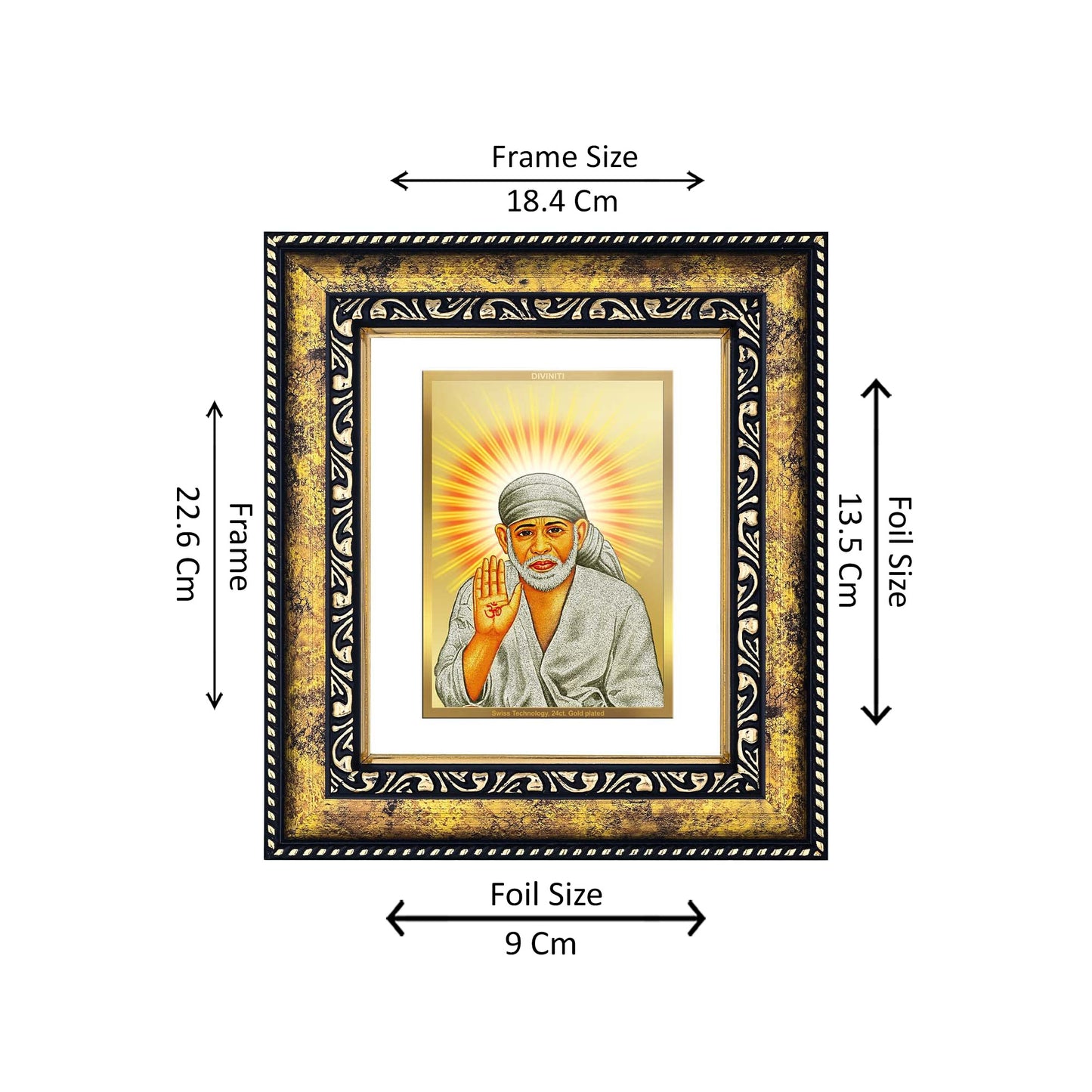 DIVINITI 24K Gold Plated Sai Baba Religious Photo Frame Idol for Home & Office Decor, Wall Hanging, Workshop, Table Top, Gift|DG113 Size 2 (22.6x18.4 CM)