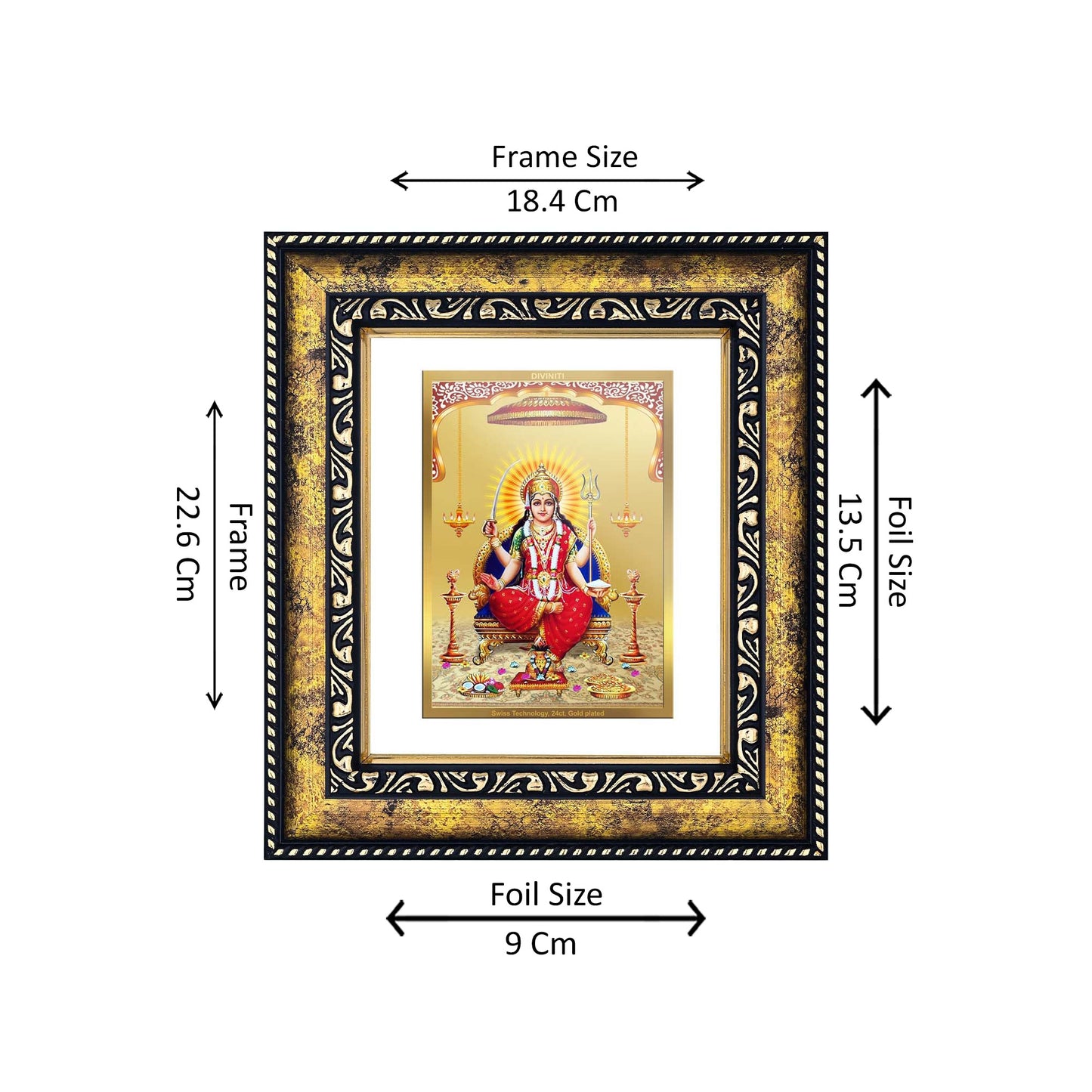 DIVINITI 24K Gold Plated Santoshi Mata Premium Photo Frame Idol for Puja Room, Home Wall Decor, Workshop, Table Top, Premium Gift|DG113 Size 2 (22.6x18.4 CM)