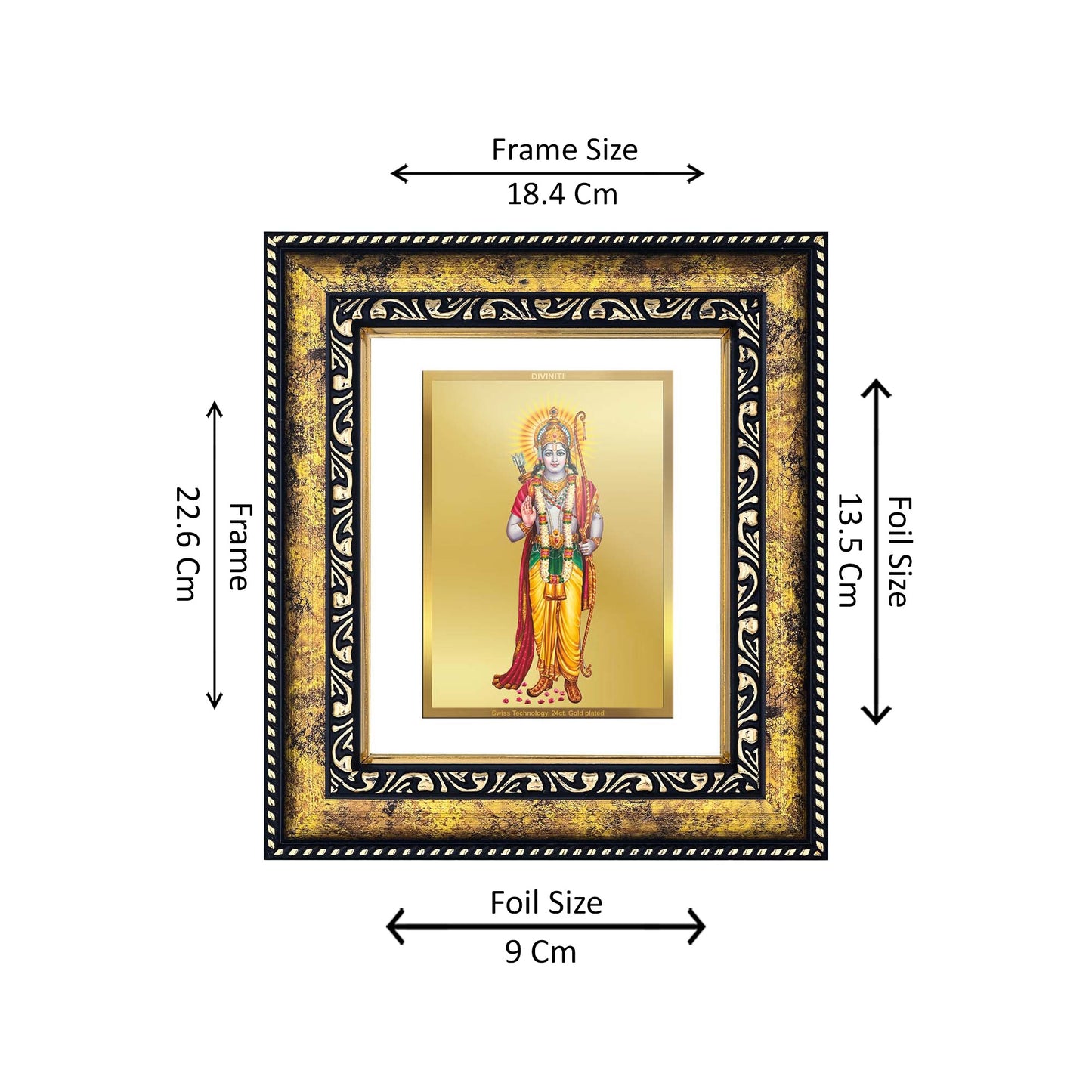 DIVINITI 24K Gold Plated Lord Shri Ram Wooden Luxurious Photo Frame Idol for Home Wall Decor, Workshop, Table Top, Premium Gift | DG113 Size 2 (22.6x18.4 CM)