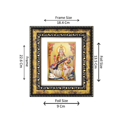 DIVINITI 24K Gold Plated Goddess Saraswati Wooden Photo Frame Idol for Home Decor, Puja Room, Table Top, Wall Hanging, Workshop, Luxurious Gift | DG113 Size 2 (22.6x18.4 CM)