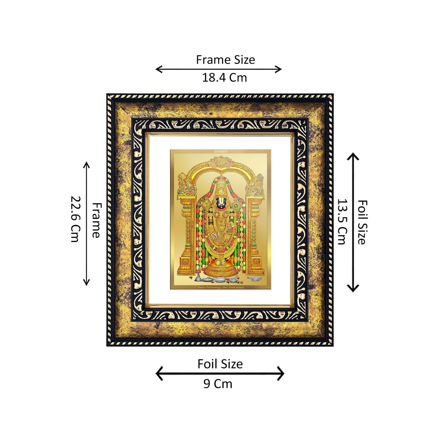 DIVINITI 24K Gold Plated Tirupati Balaji Wooden Photo Frame Idol for Home Decor, Puja Room, Table Top, Wall Hanging, Workshop, Luxurious Gift | DG113 Size 2 (22.6x18.4 CM)