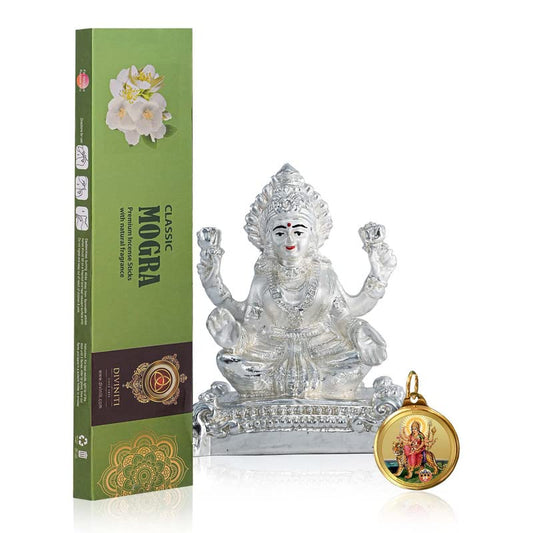 DIVINITI 999 Silver Plated Laxmi Ji Idol, 24K Double Sided Gold Plated Pendant 18 MM and Classic Mogra Incense Sticks for Navratri Festival Prayer & Auspicious Occasion (Combo Pack)