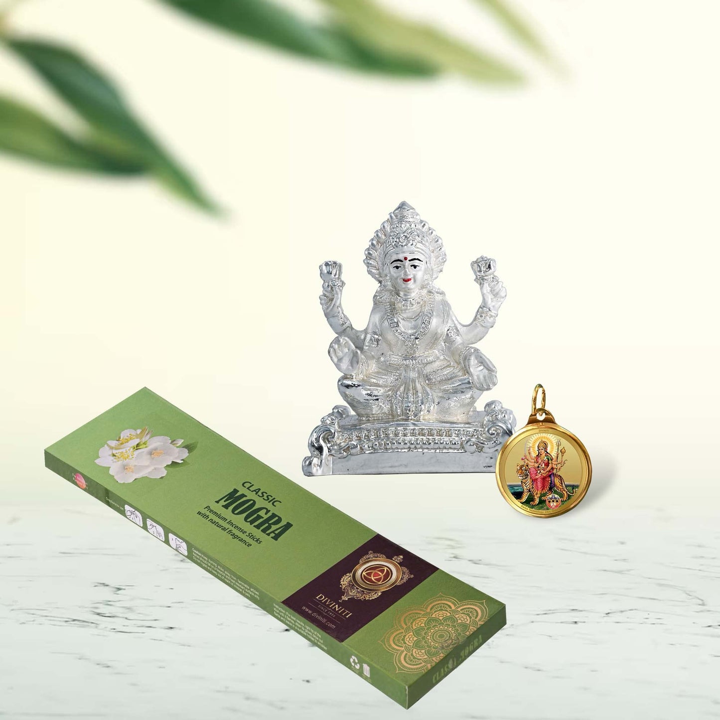 DIVINITI 999 Silver Plated Laxmi Ji Idol, 24K Double Sided Gold Plated Pendant 18 MM and Classic Mogra Incense Sticks for Navratri Festival Prayer & Auspicious Occasion (Combo Pack)