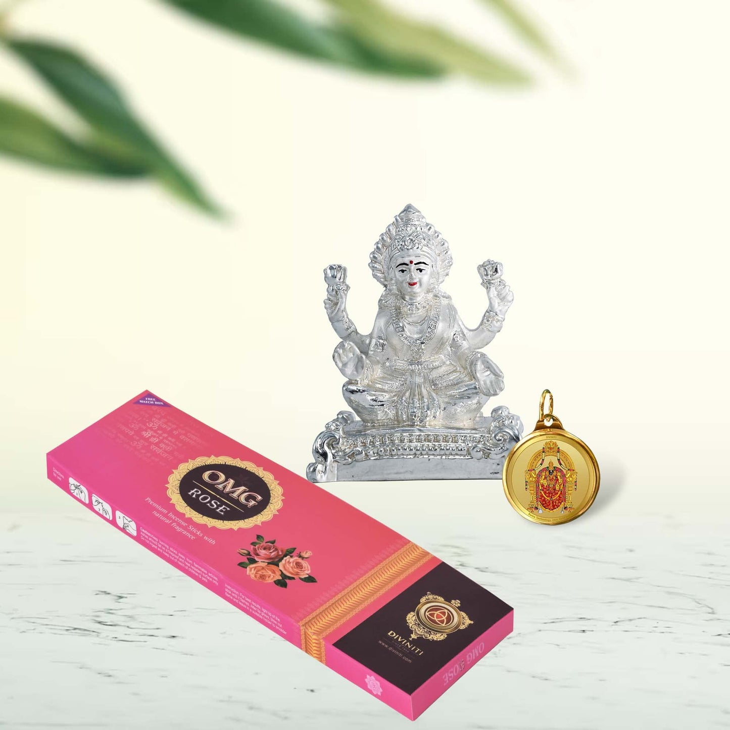 DIVINITI 999 Silver Plated Laxmi Ji Idol, 24K Double Sided Gold Plated Pendant 18 MM and Classic Rose Incense Sticks for Navratri Festival Prayer & Auspicious Occasion (Combo Pack)