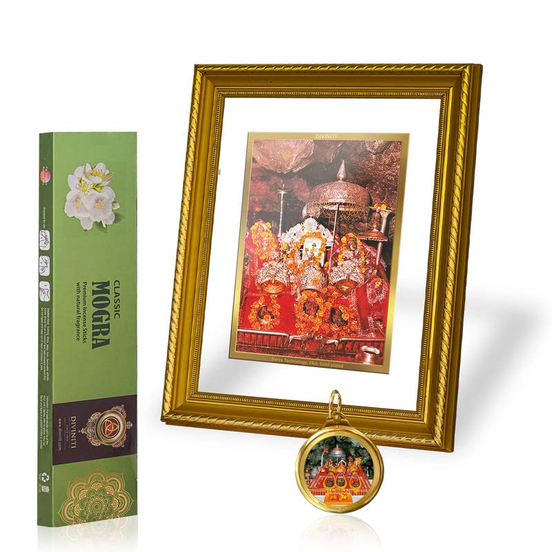 DIVINITI Mata Ka Darbar DG 2.5 Photo Frame, 24K Double sided Gold Plated Pendant 18 MM and Classic Mogra Incense Sticks For Navratri Festival Prayer & Auspicious Occasion (Combo Pack)