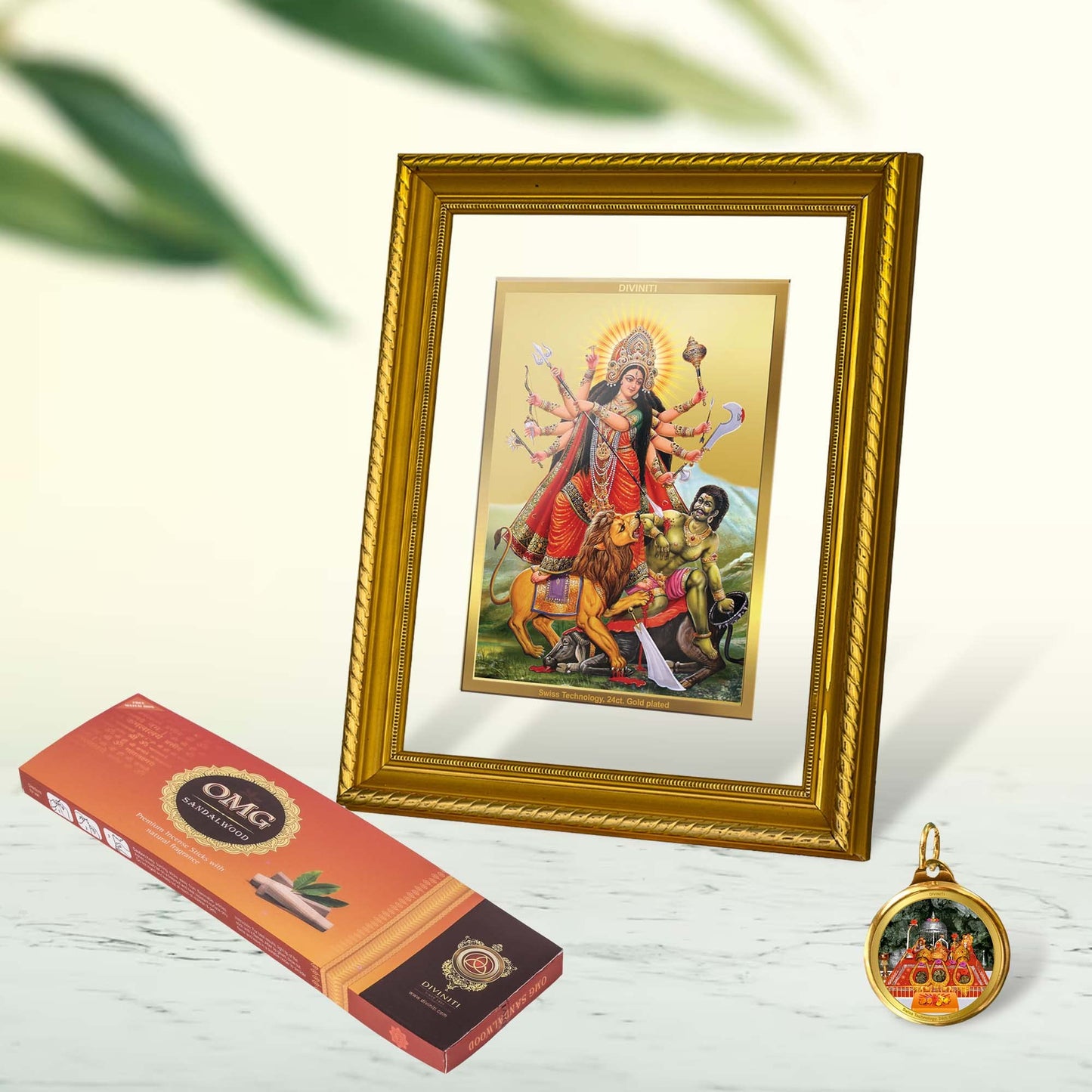 DIVINITI Durga DG 2.5 Gold Plated Photo Frame, 24K Double sided Gold Plated Pendant 18 MM and OMG Sandalwood Incense Sticks For Navratri Festival Prayer & Auspicious Occasion (Combo Pack)