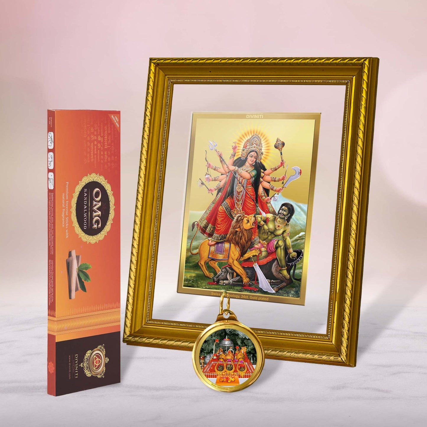 DIVINITI Durga DG 2.5 Gold Plated Photo Frame, 24K Double sided Gold Plated Pendant 18 MM and OMG Sandalwood Incense Sticks For Navratri Festival Prayer & Auspicious Occasion (Combo Pack)