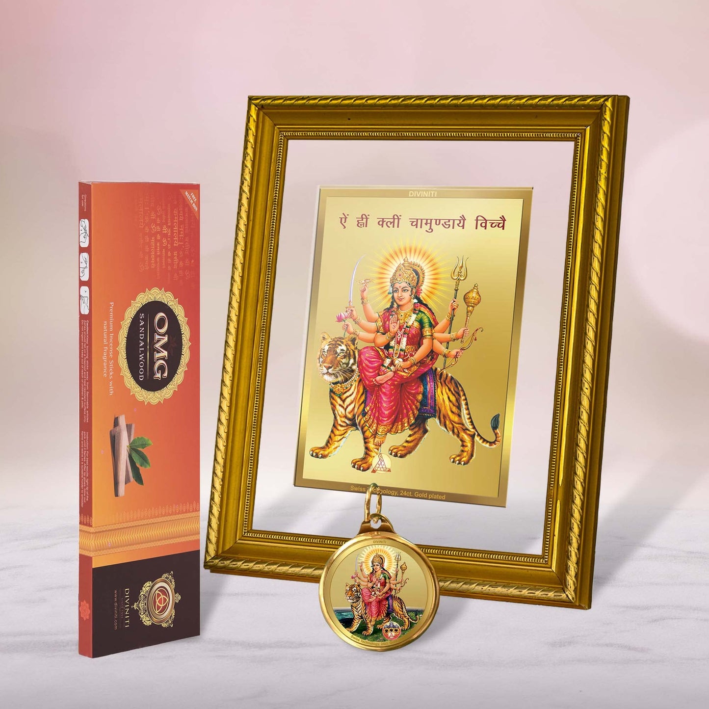 DIVINITI Durga Mantra DG 2.5 Gold Plated Photo Frame, 24K Double sided Gold Plated Pendant 18 MM and OMG Sandalwood Incense Sticks For Navratri Festival Prayer & Auspicious Occasion (Combo Pack)