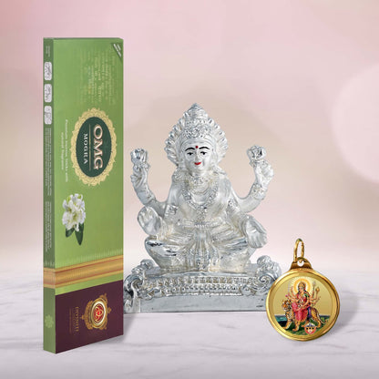 DIVINITI 999 Silver Plated Laxmi Ji Idol, 24K Double Sided Gold Plated Pendant 18 MM and OMG Mogra Incense Sticks for Navratri Festival Prayer & Auspicious Occasion (Combo Pack)