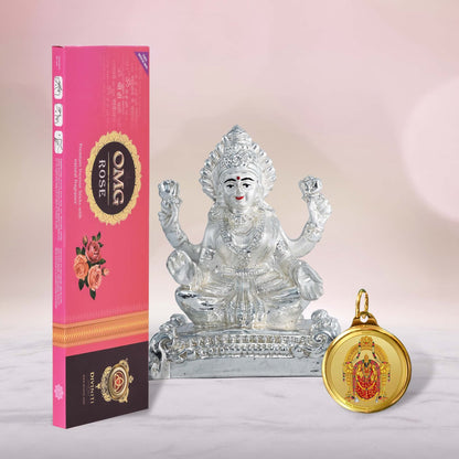 DIVINITI 999 Silver Plated Laxmi Ji Idol, 24K Double Sided Gold Plated Pendant 18 MM and OMG Rose Incense Sticks for Navratri Festival Prayer & Auspicious Occasion (Combo Pack)