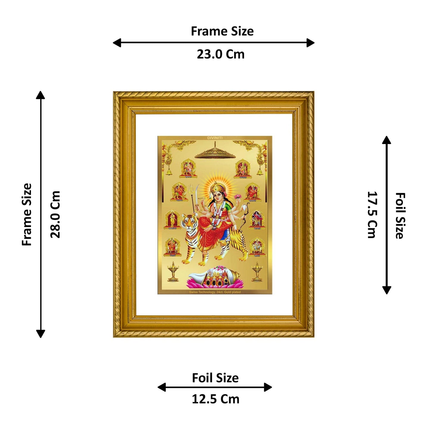 DIVINITI Nav Durga DG 2.5 Gold Plated Photo Frame, 24K Double sided Gold Plated Pendant 18 MM and OMG Rose Incense Sticks For Navratri Festival Prayer & Auspicious Occasion (Combo Pack)