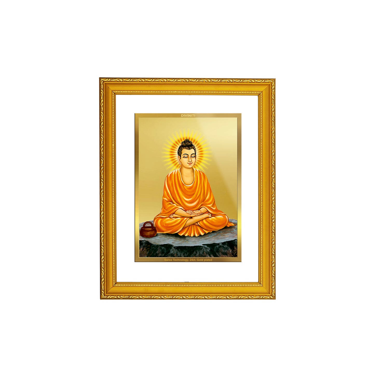 DIVINITI 24K Gold Plated Foil Lord Buddha Wooden Photo Frame Idol for Home Decor, Prayer, Workshop, Prayer, Gift | DG101 Size 2 (22.6x18.4 CM)