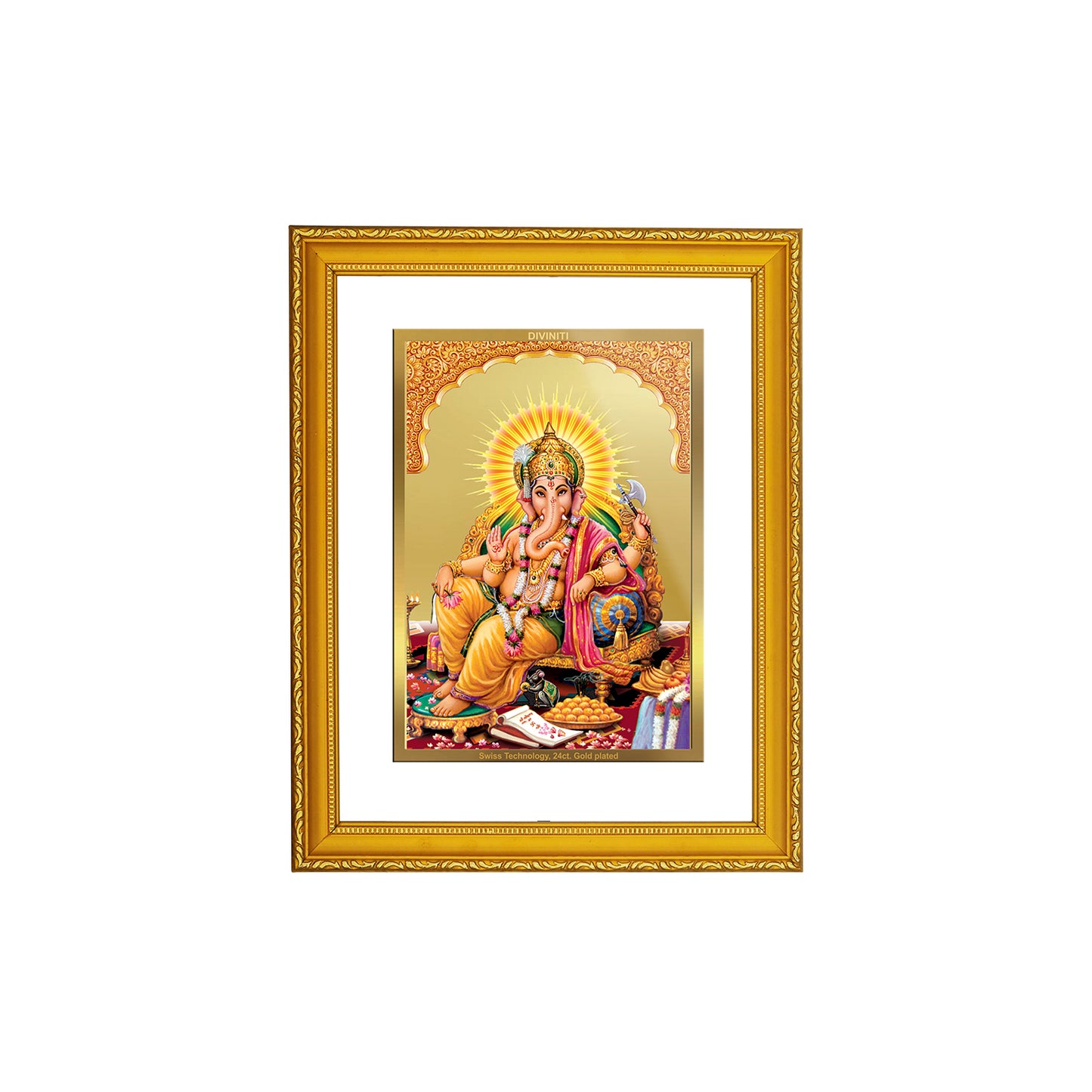 DIVINITI 24K Gold Plated Foil Ganesha Side Pose Wooden Wall Photo Frame Idol for Home Decor, Prayer, Workshop, Premium Gift | DG101 Size 2 (22.6x18.4 CM)