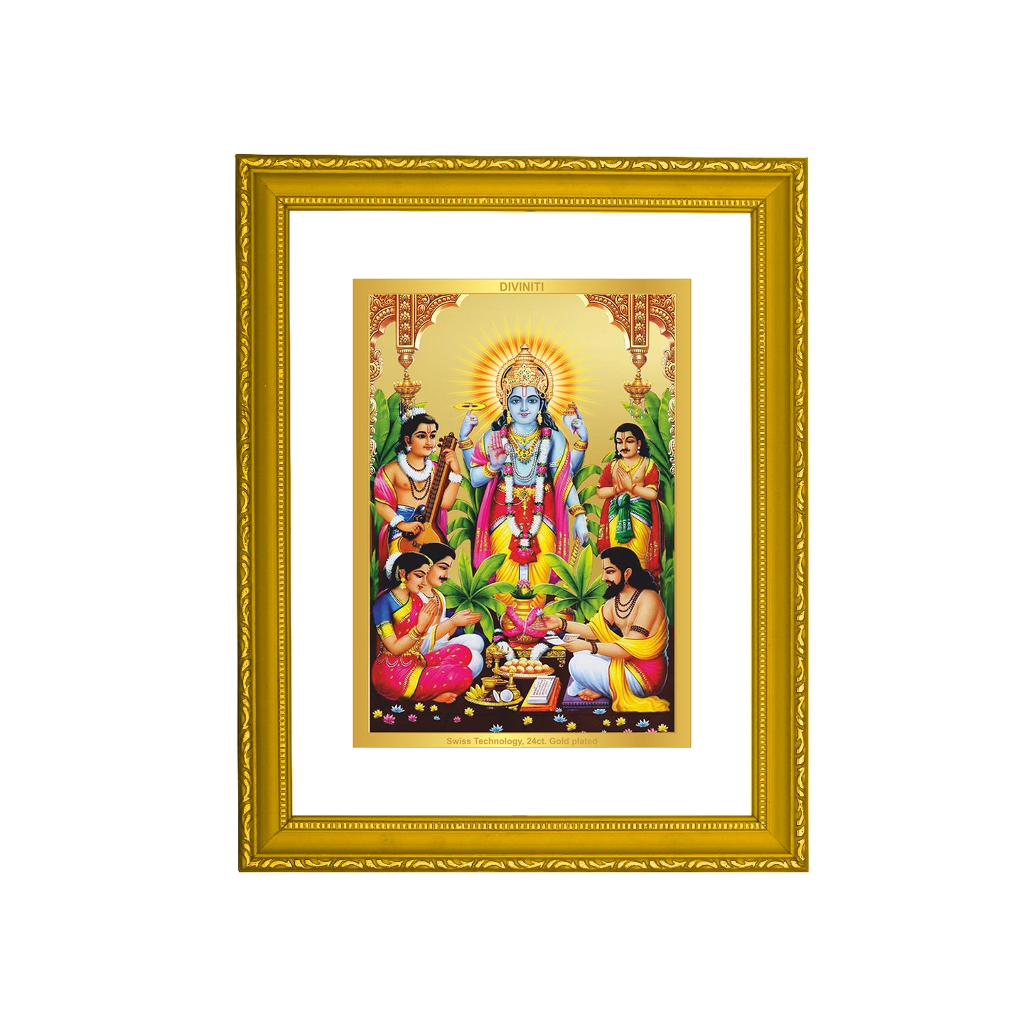 DIVINITI 24K Gold Plated Foil Satya Narayan Modern Photo Frame Idol for Home Decor, Wall Hanging, Puja Room, Workshop, Gift|DG101 Size 2 (22.6x18.4 CM)