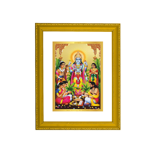 DIVINITI 24K Gold Plated Foil Satya Narayan Wooden Modern Photo Frame Idol for Home Decor, Wall Hanging, Puja Room, Workshop, Gift | DG101 Size 2 (22.6x18.4 CM)