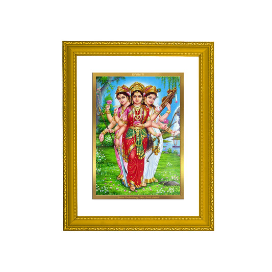 DIVINITI 24K Gold Plated Teen Devi Wooden Religious Photo Frame Idol for Home & Office Decor, Wall Hanging, Workshop, Table Top, Gift | DG101 Size 2 (22.6x18.4 CM)