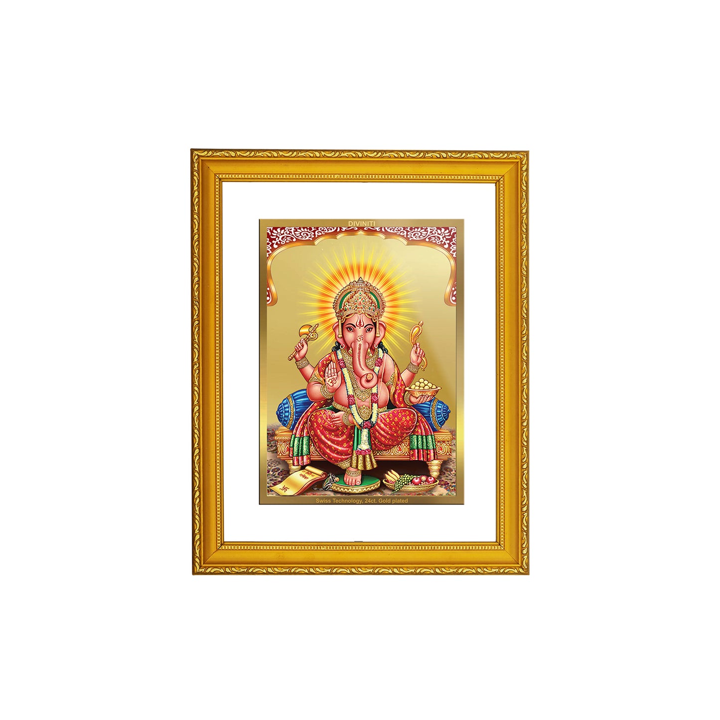 DIVINITI 24K Gold Plated Foil Lord Ganesha Premium Wall Photo Frame Idol for Home Decor, Puja Room, Workshop, Gift|DG101 Size 2 (22.6x18.4 CM)