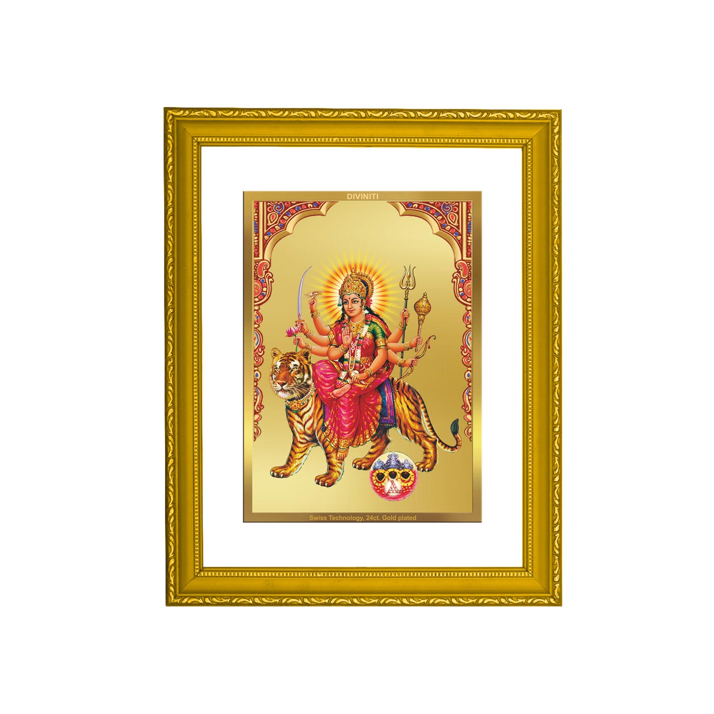 DIVINITI 24K Gold Plated Foil Siddhidatri Mata Wooden Photo Frame Idol for Home Decor, Puja Room, Workshop, Luxury Gift | DG101 Size 2 (22.6x18.4 CM)