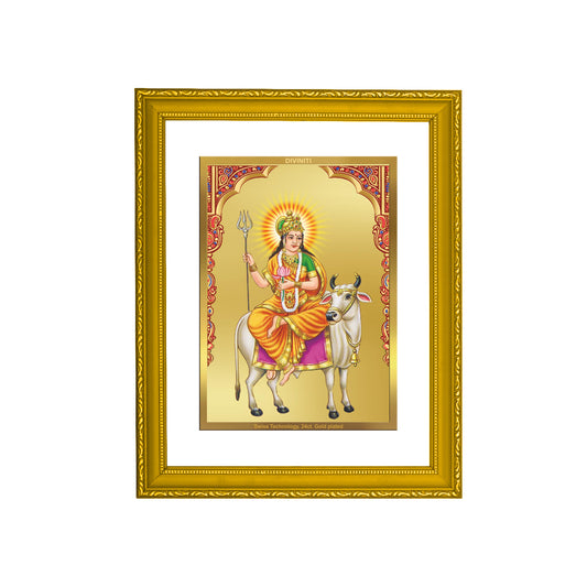 DIVINITI 24K Gold Plated Foil Shailputri Mata Wooden Photo Frame Idol for Puja Room, Home Decor, Wall Hanging, Workshop, Gift | DG101 Size 2 (22.6x18.4 CM)