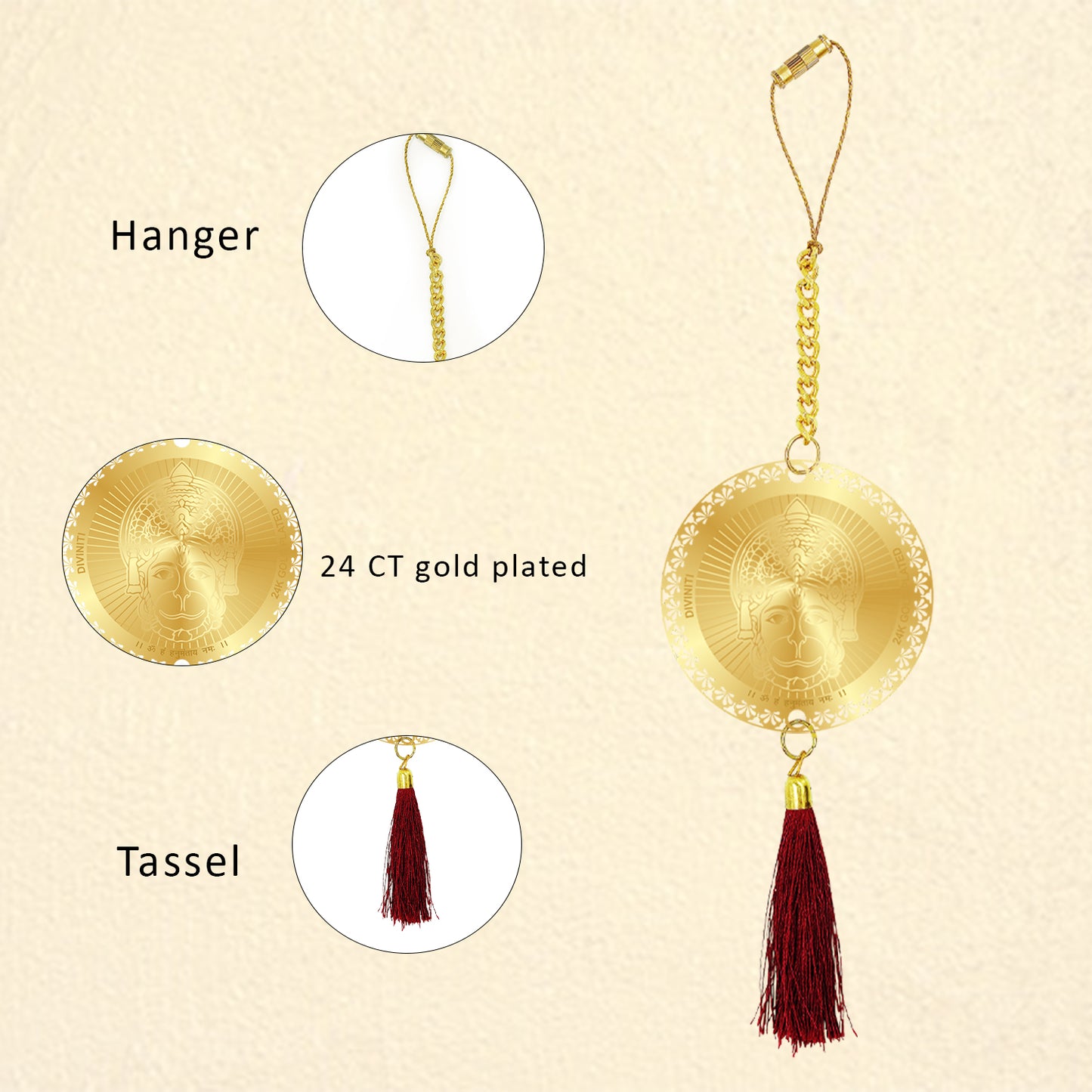 Diviniti 24K Gold Plated Double Sided Hanuman & Yantra Car Dangler|6CM Hanuman Hanging Car Decor|Luxurious 24K Gold Plated Dangler For Car|Divine Car Accessories For Positive Energy & Protection