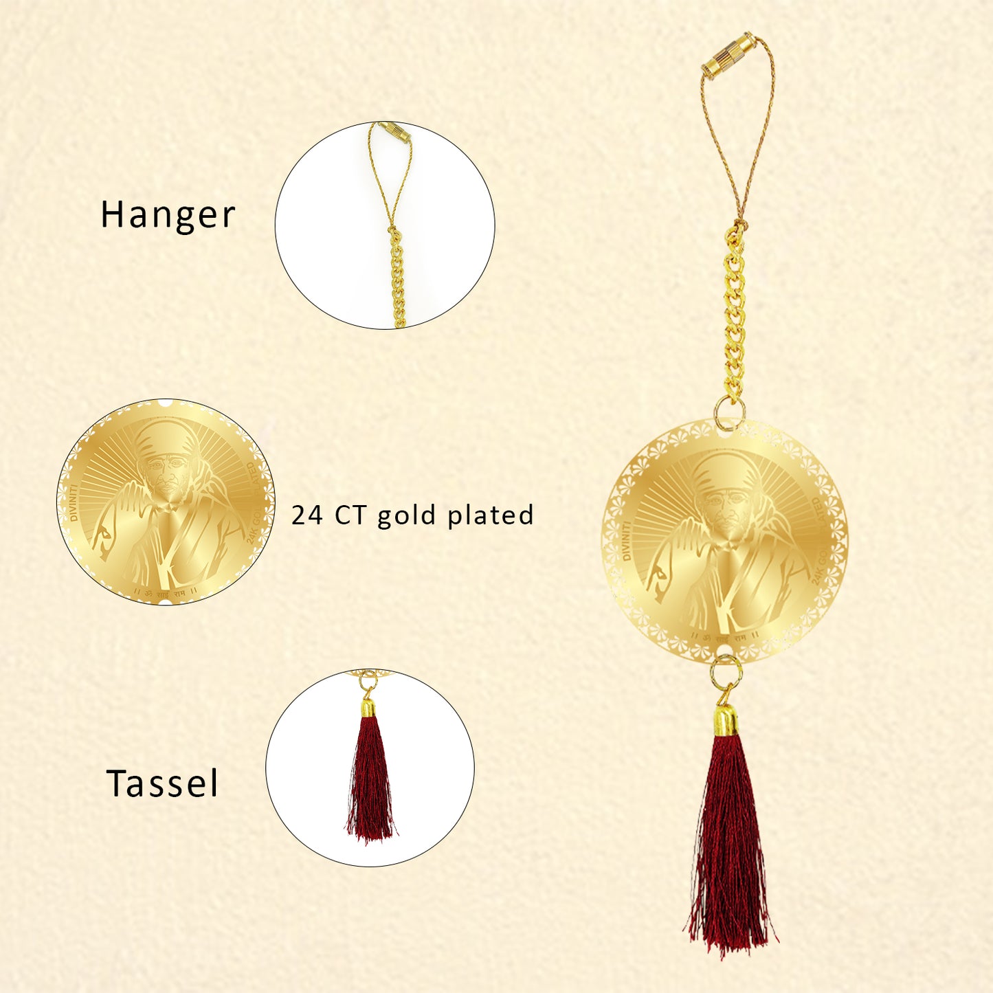 Diviniti 24K Gold Plated Double Sided Sai Baba & Yantra Car Dangler (6 CM X 6 CM)