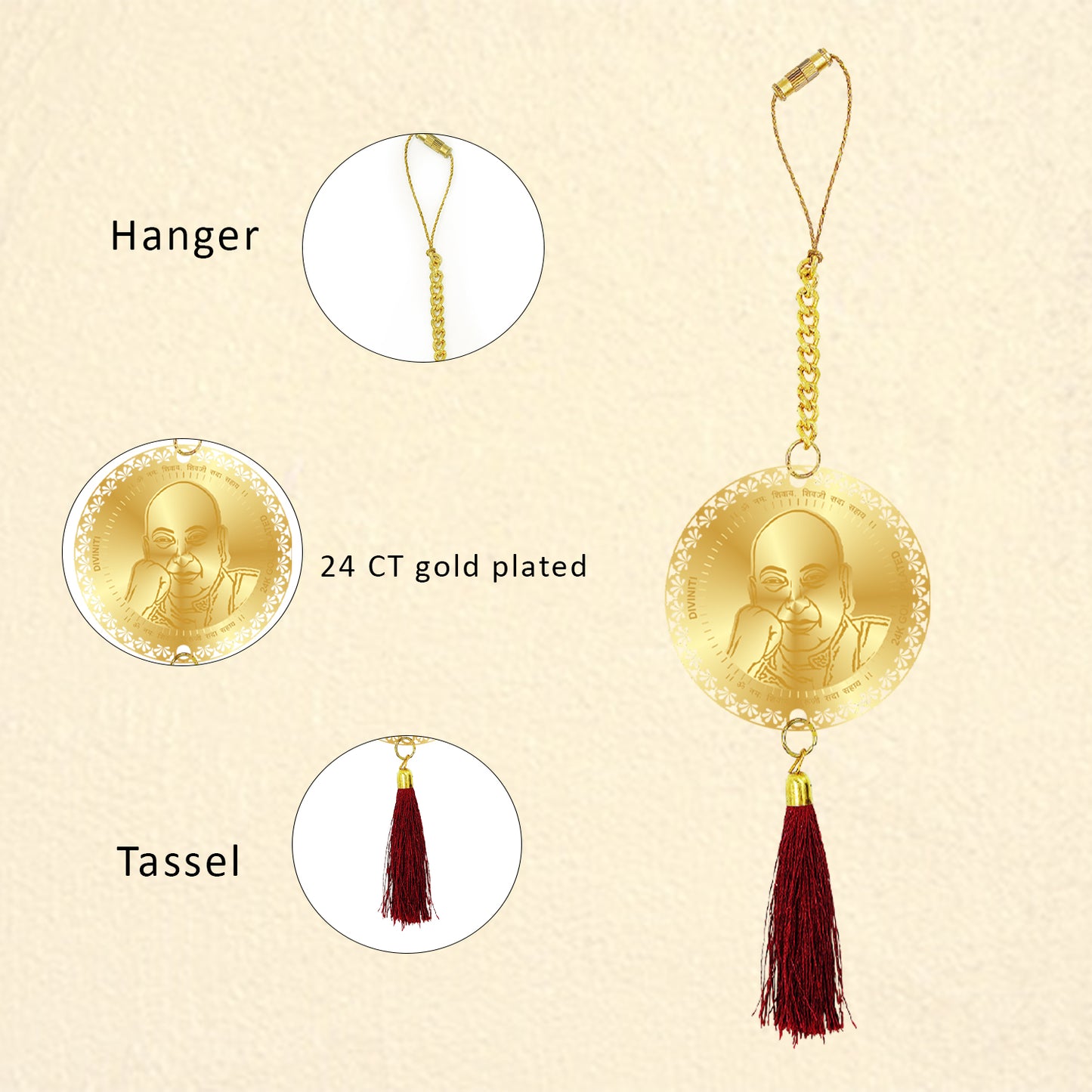 Diviniti 24K Gold Plated Double Sided Guruji Car Dangler| 6 CM Guruji Hanging Car Decor| Luxurious 24K Gold Plated Dangler For Car| Divine Car Accessories For Positive Energy & Protection