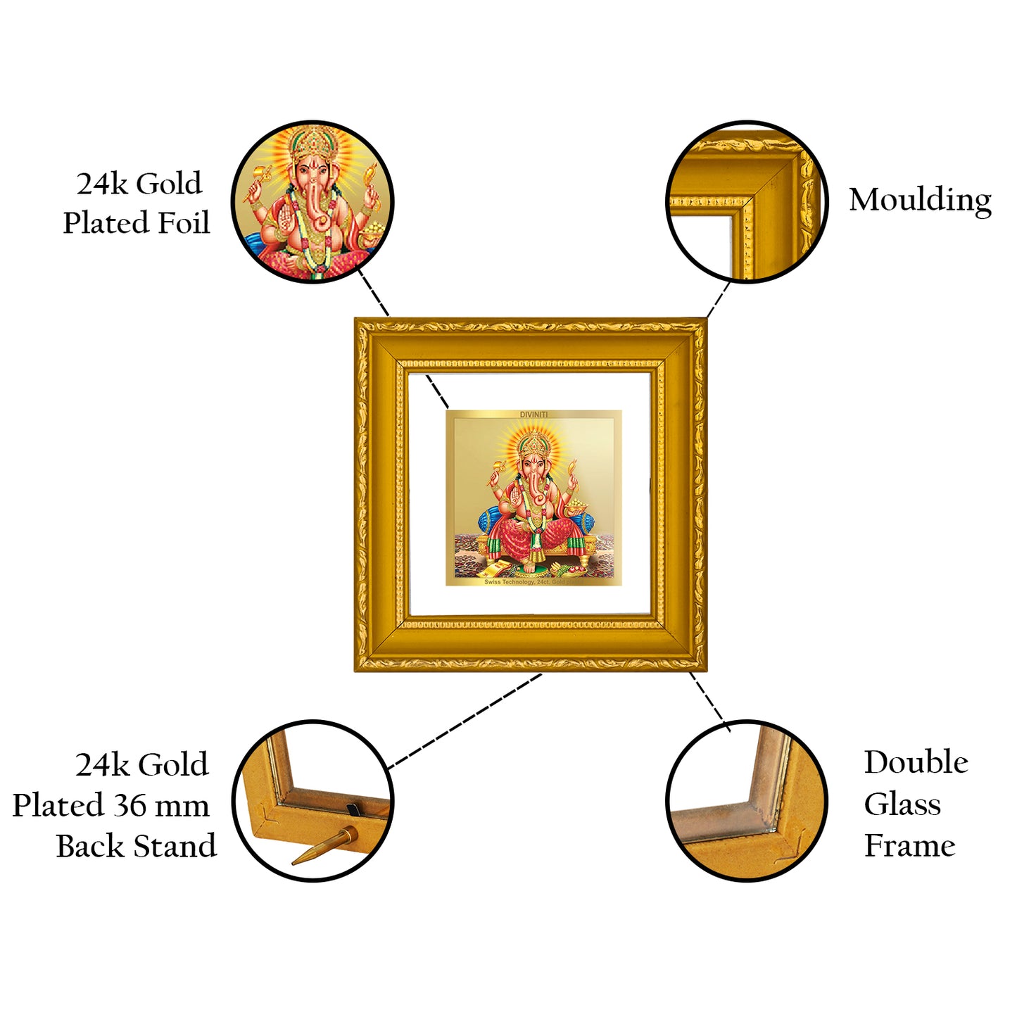 DIVINITI 24K Gold Plated Foil Lord Ganesha Premium Wall Photo Frame Idol for Home DÃ©cor, Puja Room, Table Top, Premium Gifts|DG101S1A (10x10 CM)