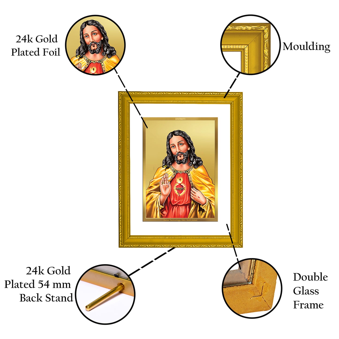 DIVINITI 24K Gold Plated Foil Jesus Wooden Exquisite Photo Frame Idol for Workshop, Wall Hanging, Home Decor, Premium Gift | DG101 Size 2 (22.6x18.4 CM)