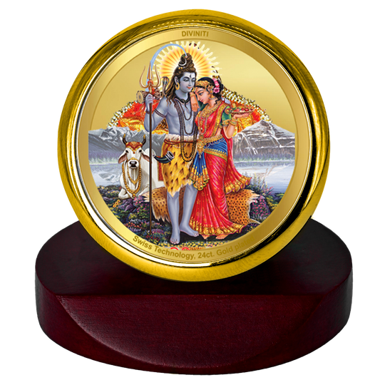 Diviniti 24K Gold Plated Shiv Parivar Photo Frame for Car Dashboard, Home Decor, Table Top, Puja Room Worship and Festival Gift MCF1CGOLD (5.5x5 CM)